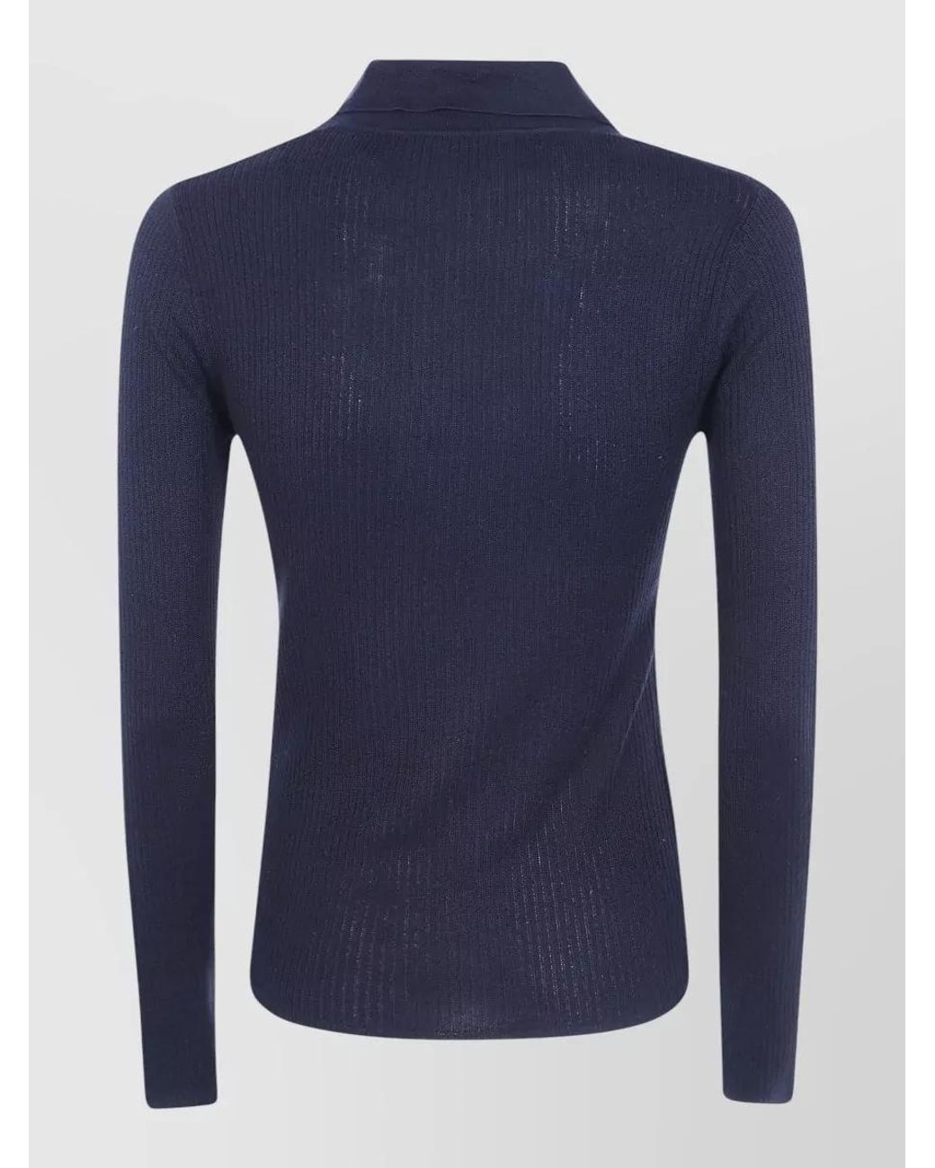 Max Mara Blue Silk Cashmere Ribbed Long-Sleeve Polo Top