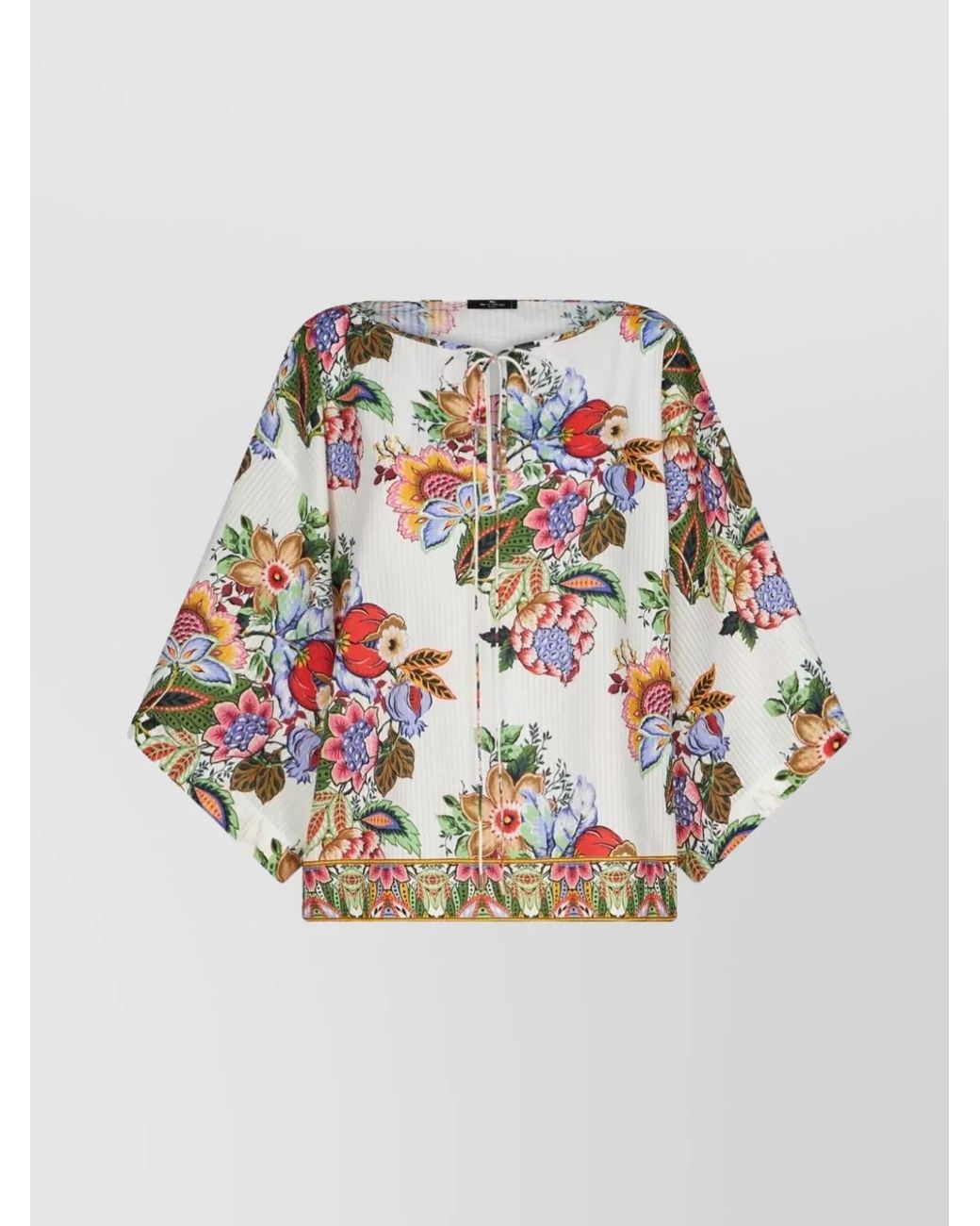 Etro Gray Silk Floral-Print Gathered Tie-Neck Top