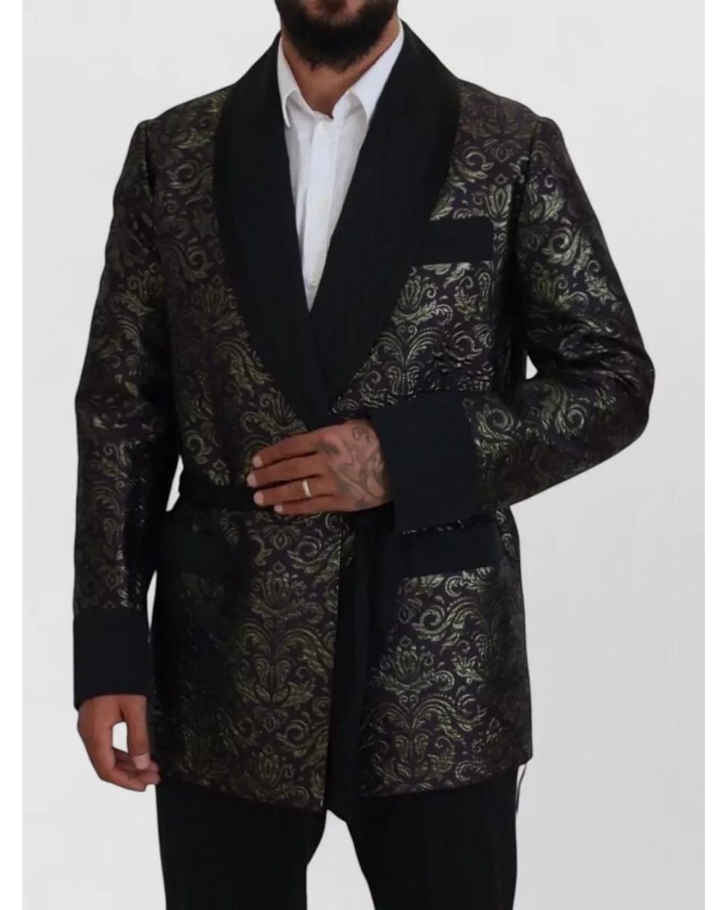 Dolce & Gabbana Black Silk Brocade Belted Shawl Collar Dinner Jacket for men