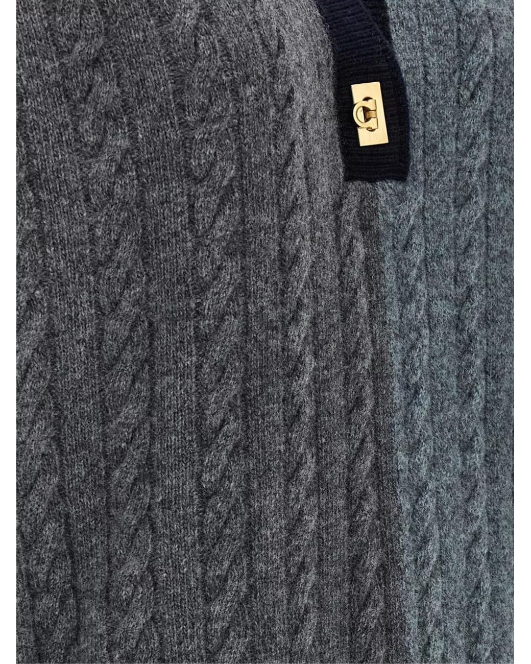 Ferragamo Black Virgin Wool Color Block Cable-Knit V-Neck Polo Sweater