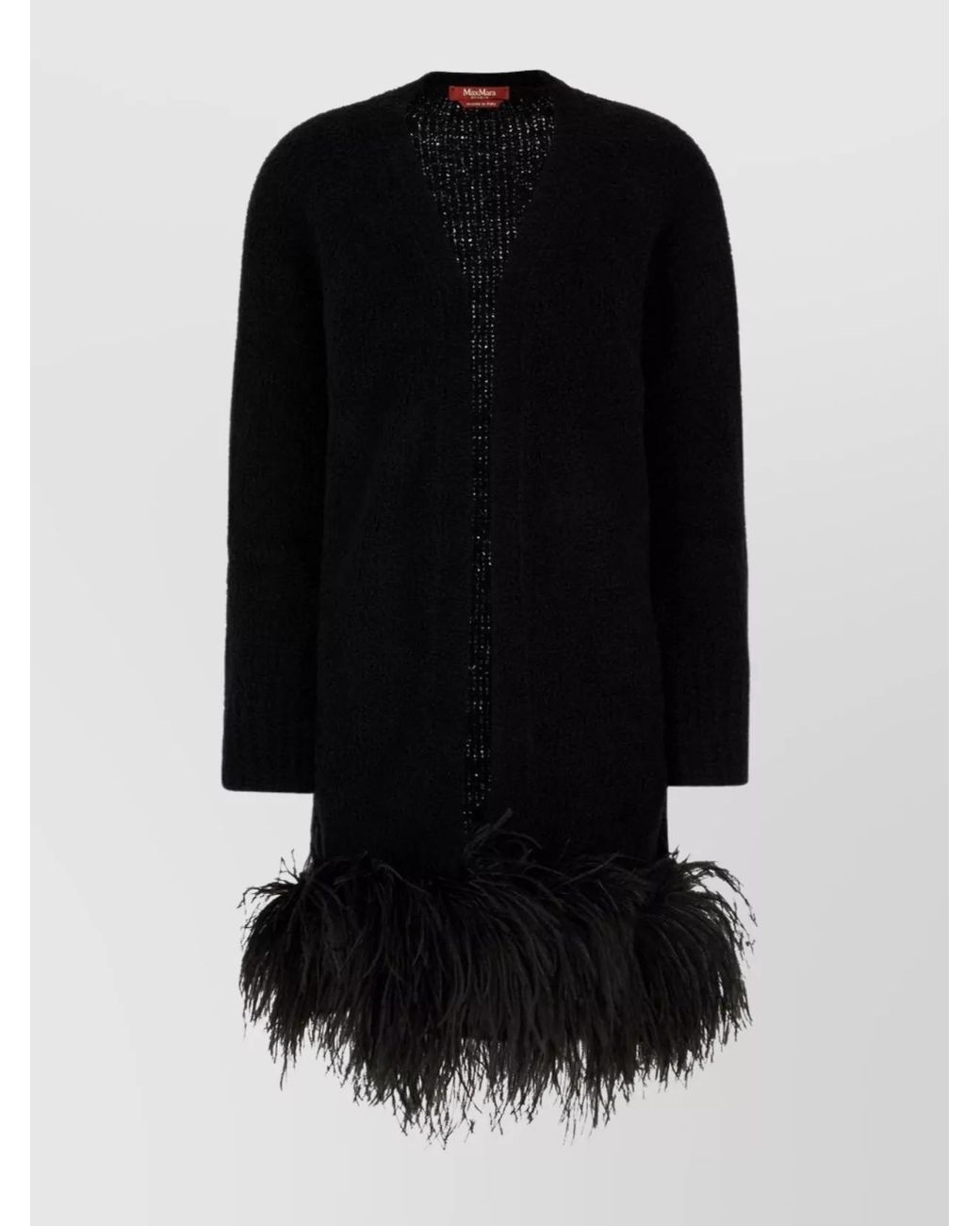 Max Mara Black Fringed Wool Blend V-Neck Cardigan Coat