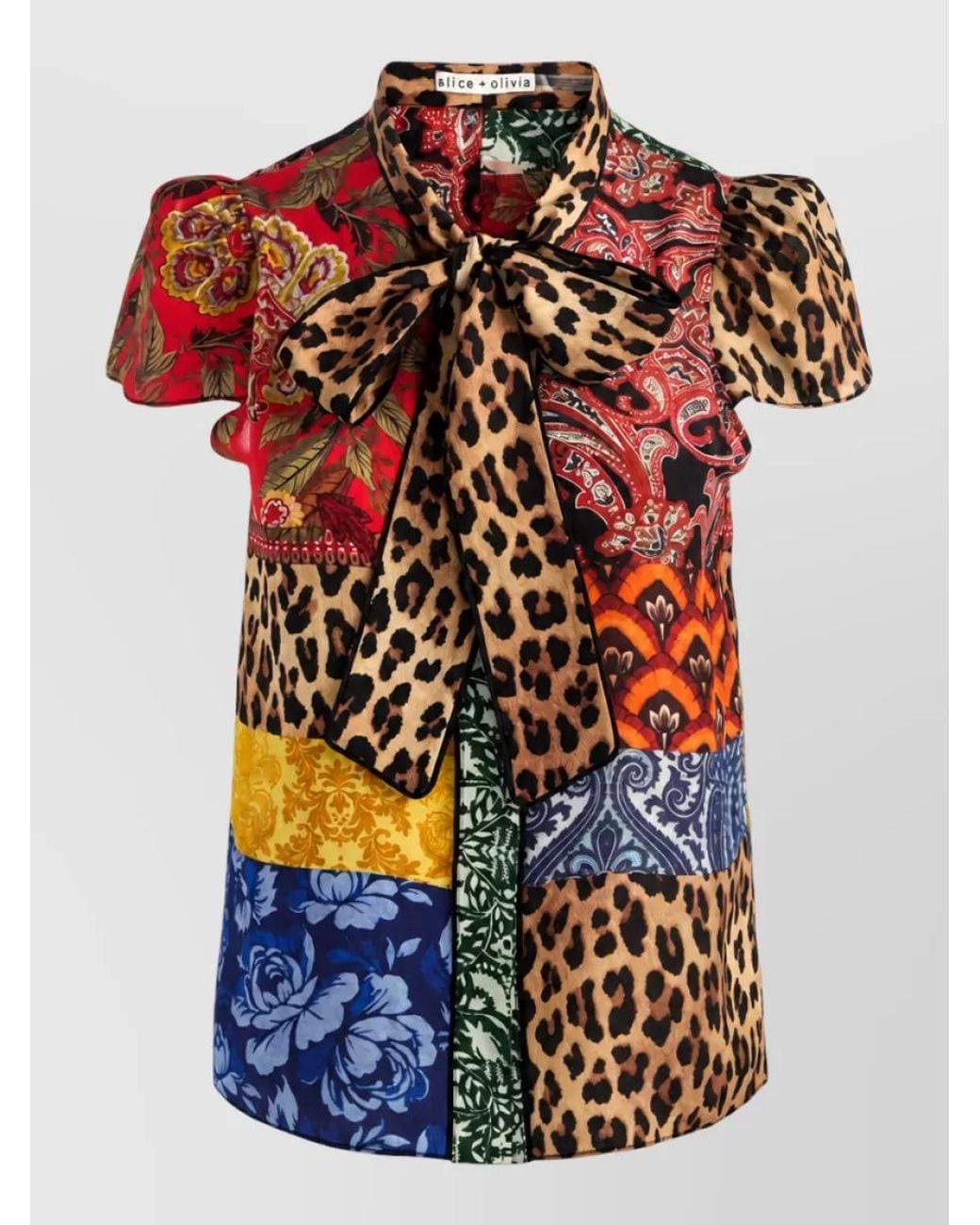 Alice + Olivia Multicolor Silk Printed Pussy-Bow Short-Sleeve Shirt
