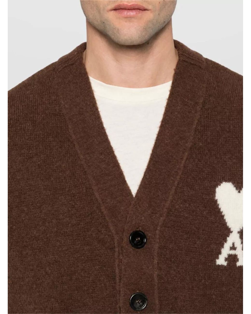 AMI Brown Alpaca Wool Ribbed V-Neck Cardigan