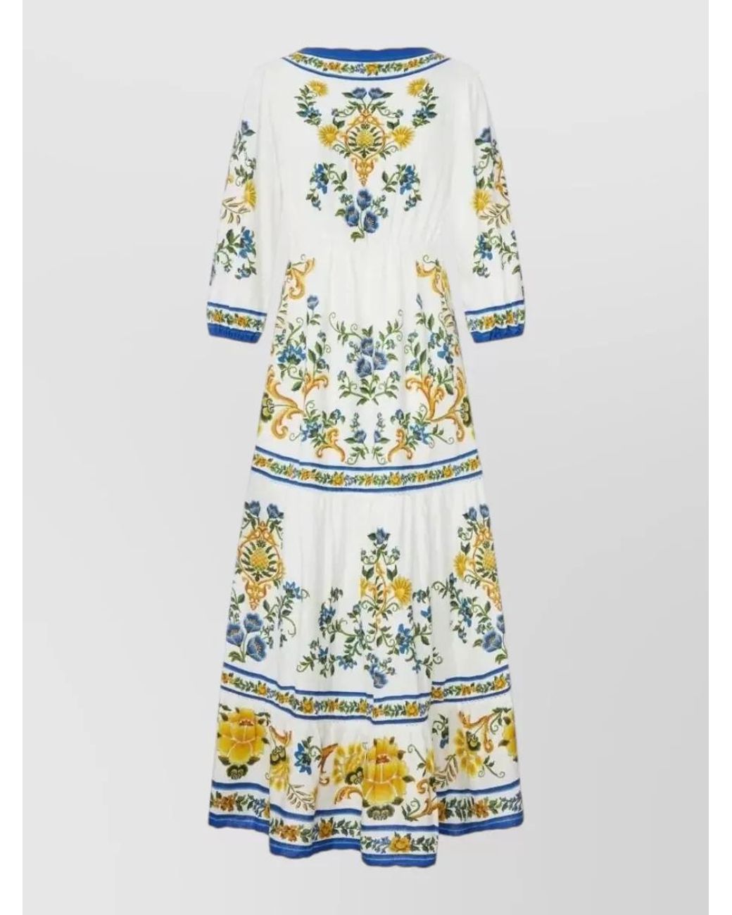 Farm Rio Blue Floral Print V-Neck Drawstring Tiered Midi Dress