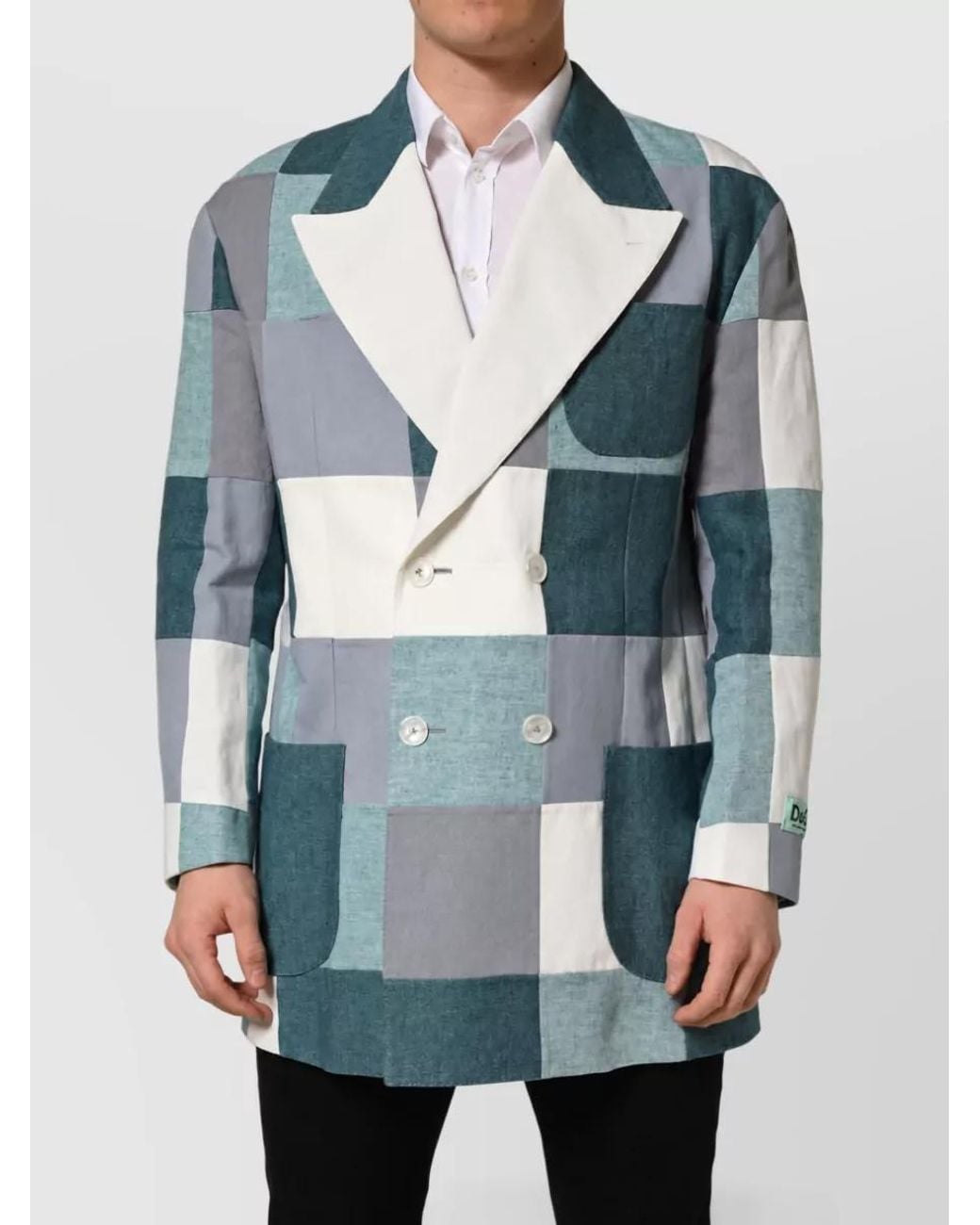 Dolce & Gabbana Blue Linen Patchwork Double Breasted Jacket for men