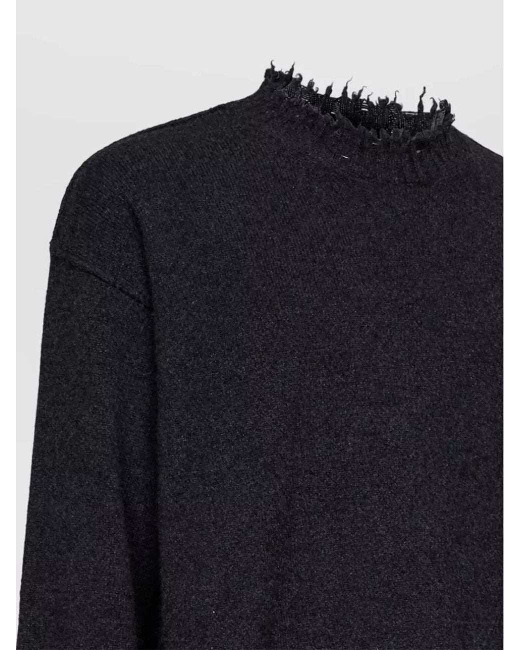 Uma Wang Black Cashmere Distressed Ribbed Crew Neck Long-Sleeve Sweater for men