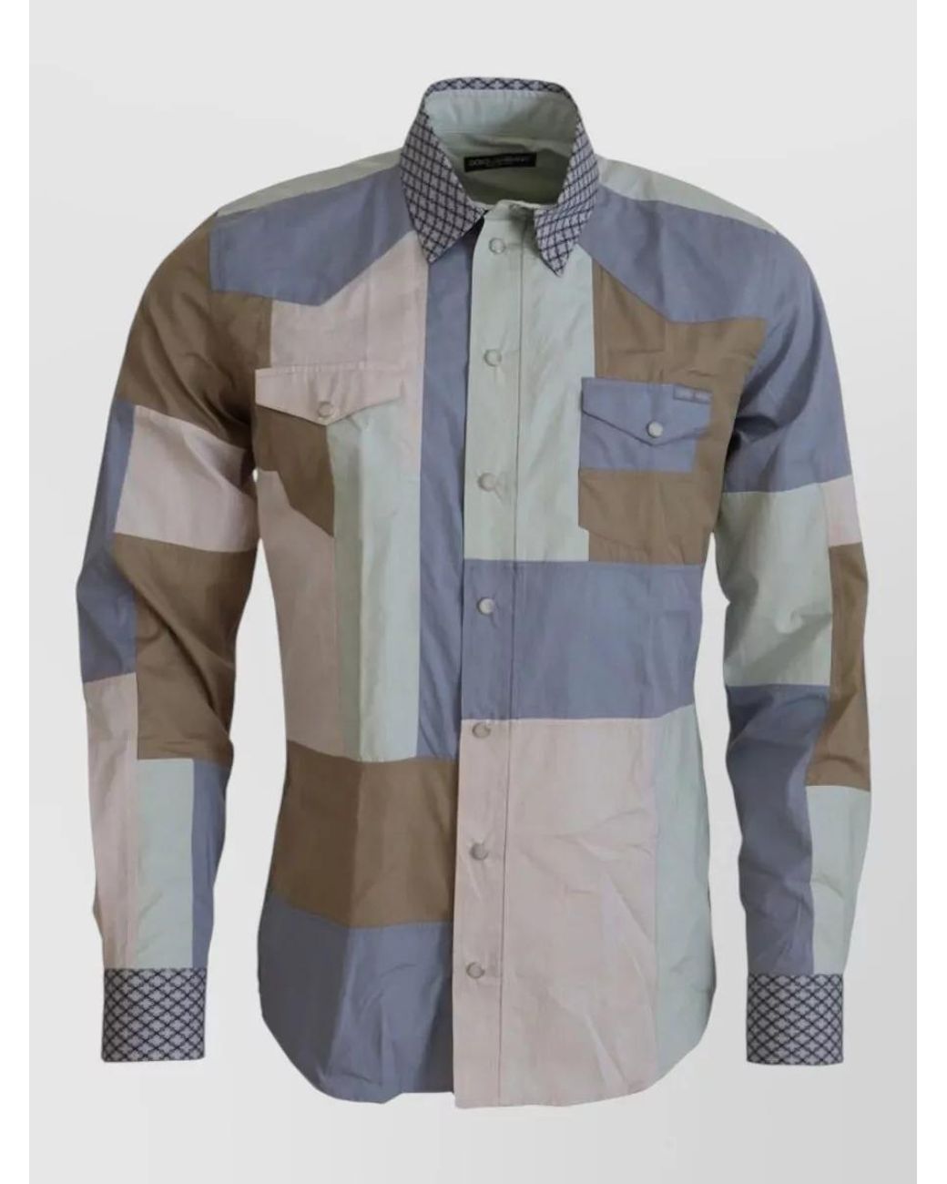 Dolce & Gabbana Blue Cotton Patchwork Slim Shirt for men