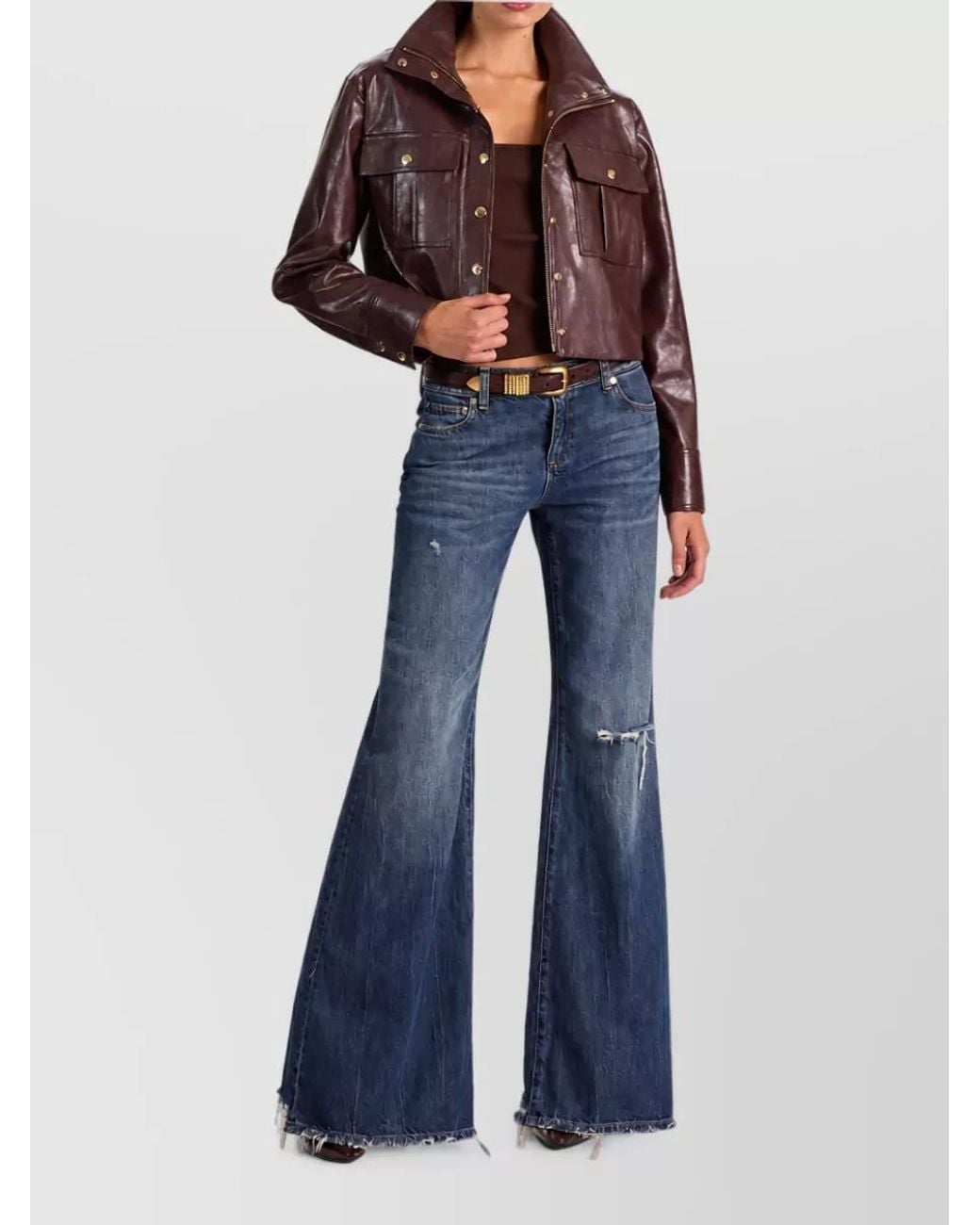 Alice + Olivia Brown Cropped Funnel Neck Vegan Leather Jacket