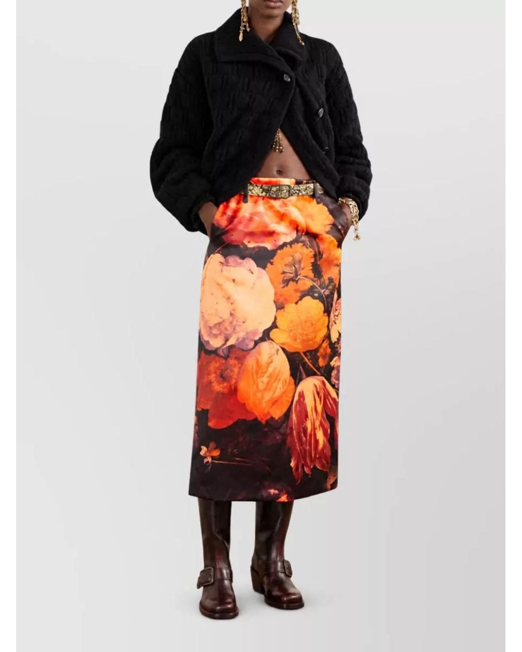 Dries Van Noten Orange Printed Maxi Skirt
