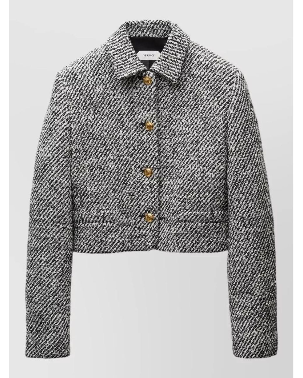 Versace Gray Bouclé Virgin Wool Cropped Single-Breasted Coat