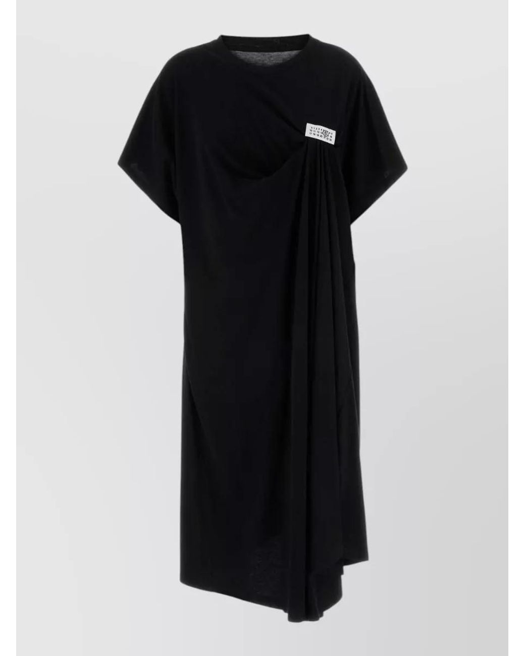 MM6 by Maison Margiela Black Cotton Ruched Logo Appliqué Asymmetric Hem T-Shirt Dress