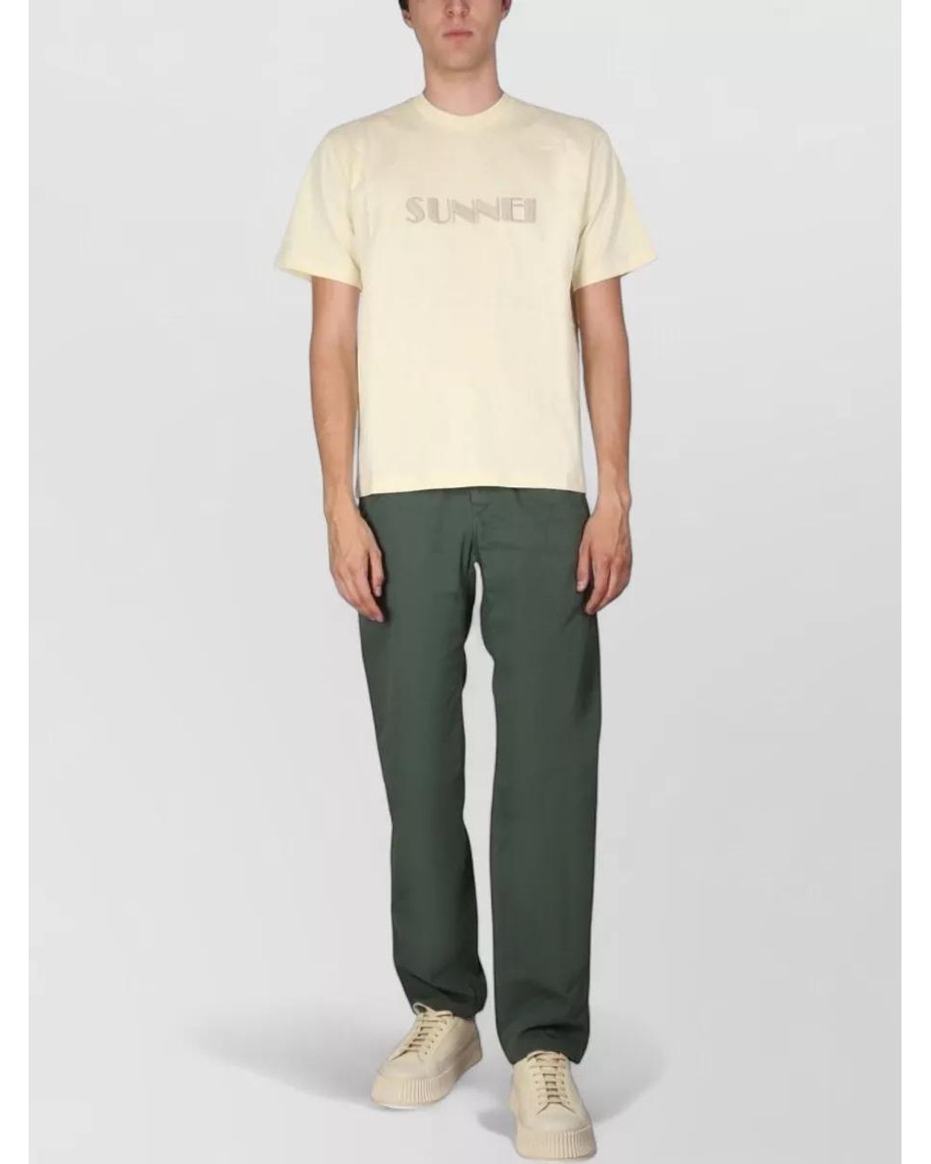 Sunnei Natural Logo Embroidered Cotton Crewneck T-Shirt With Necklace