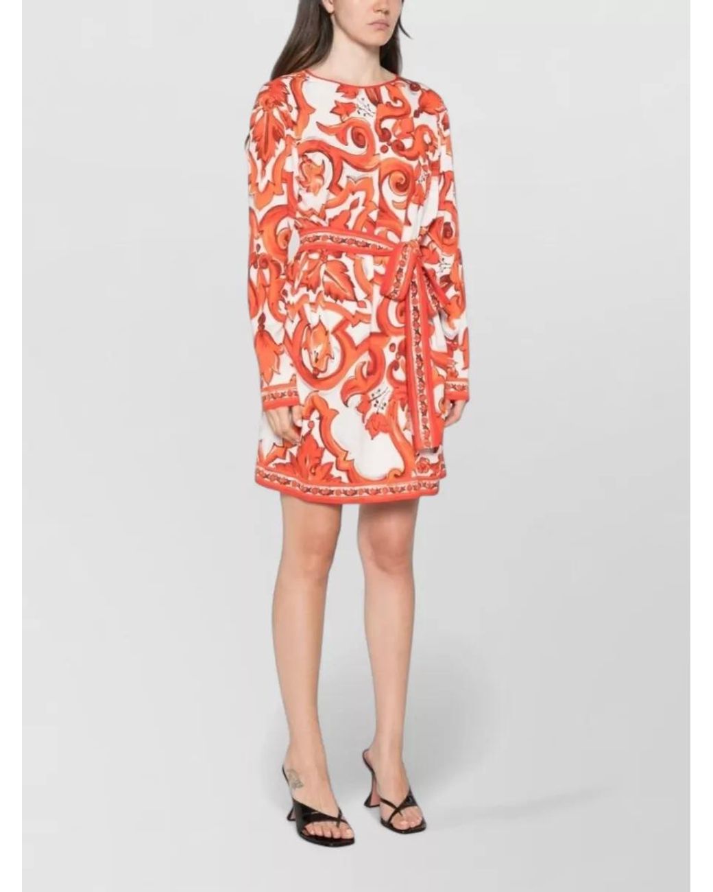 Dolce & Gabbana Red Silk Printed Long-Sleeve Mini Dress