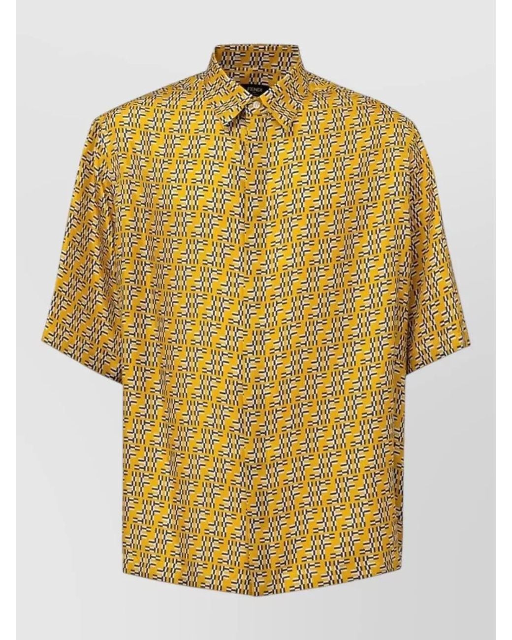 Fendi Yellow Silk Printed Short-Sleeve Shirt for men