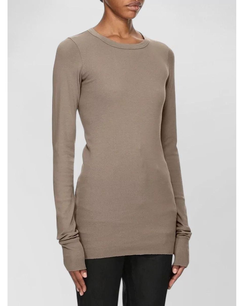 Rick Owens Natural Ribbed Slim Fit Long Sleeve Cotton T Shirt