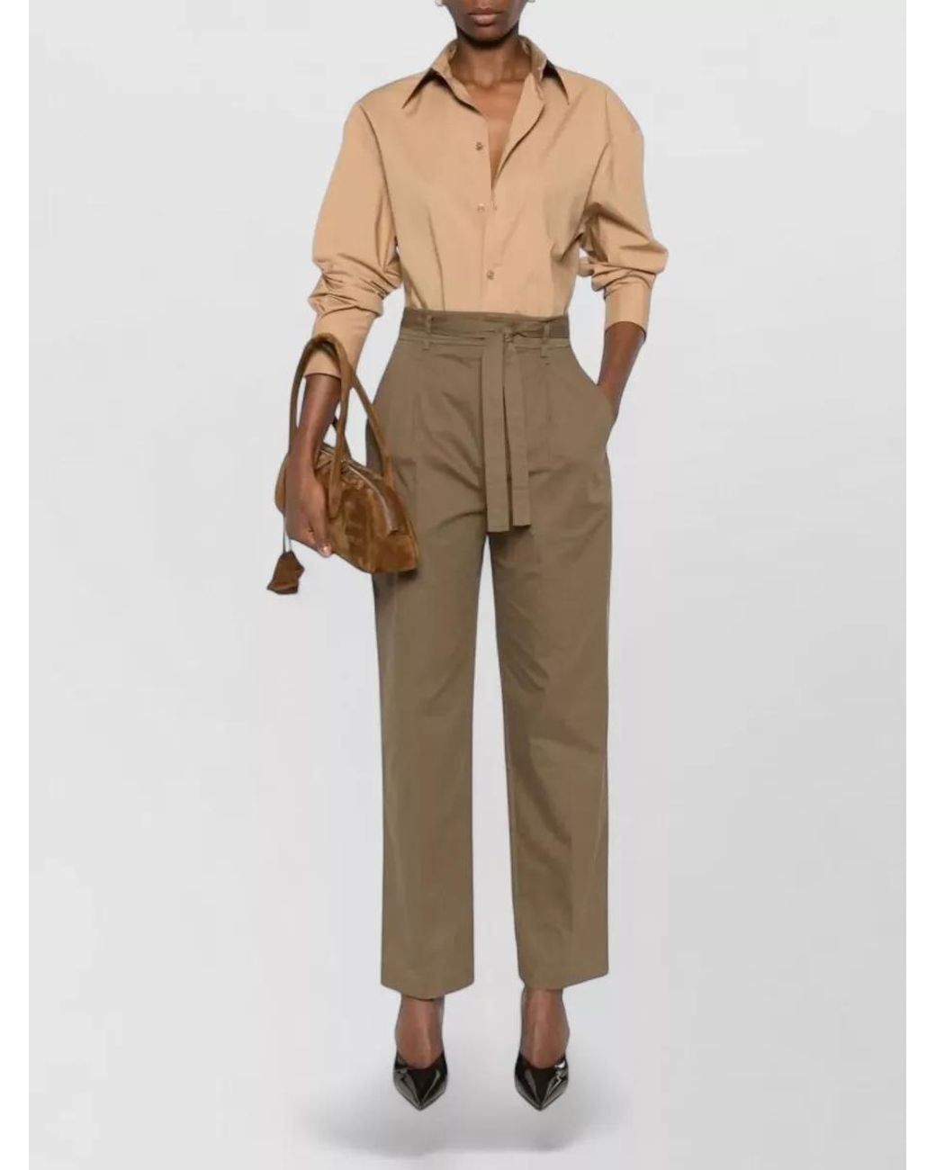 Saint Laurent Green Cotton High-Rise Straight-Leg Belted Trousers