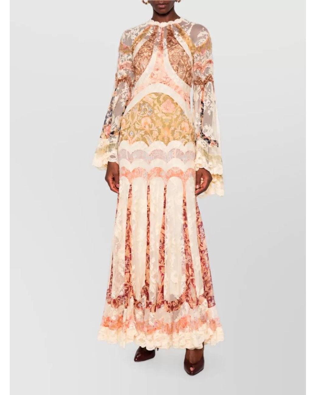 Zimmermann Pink Floral-Print Lace-Paneled High-Neck Long-Sleeve Flared-Hem Maxi Dress