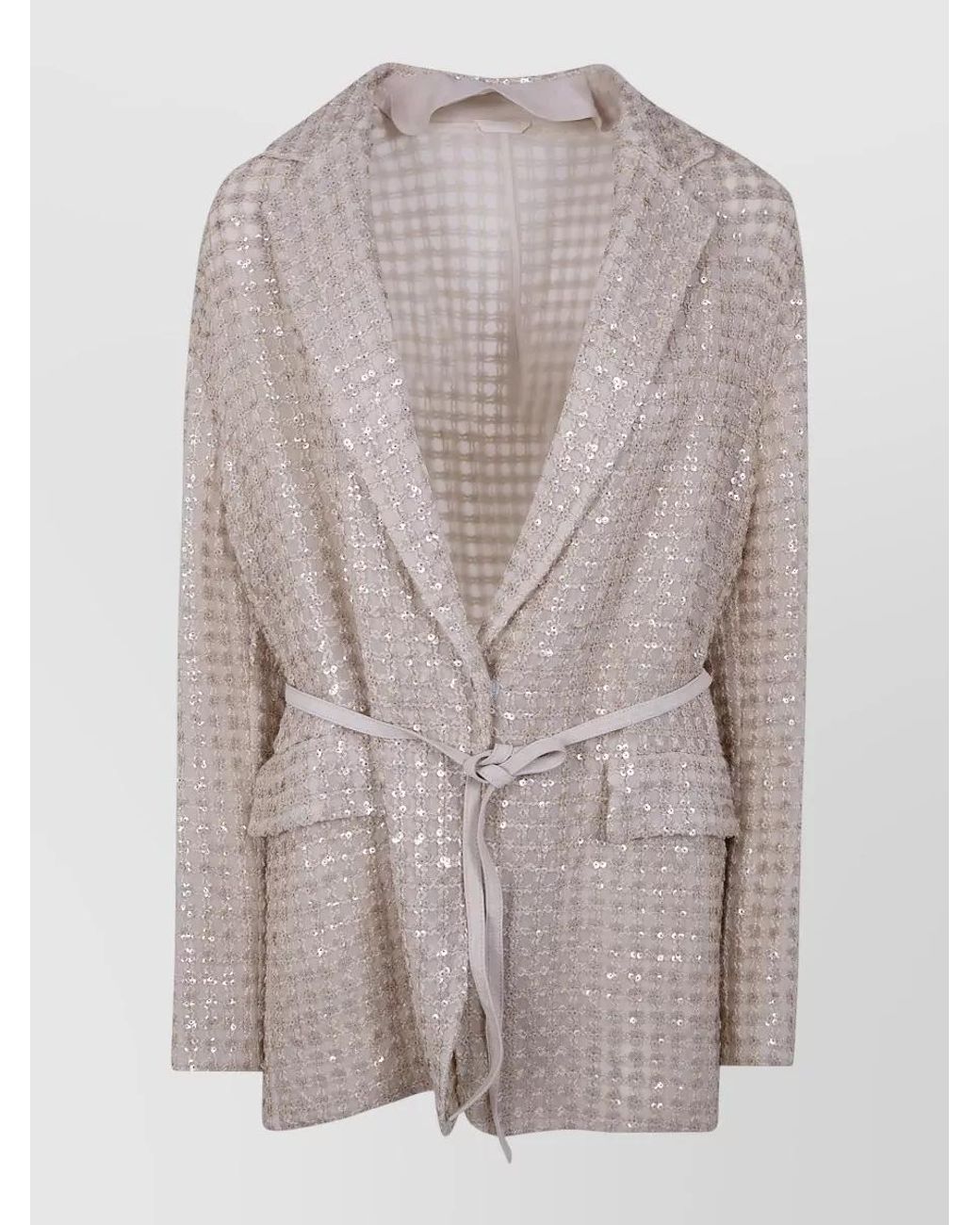 Brunello Cucinelli Gray Silk Organza Belted Embroidered Blazer