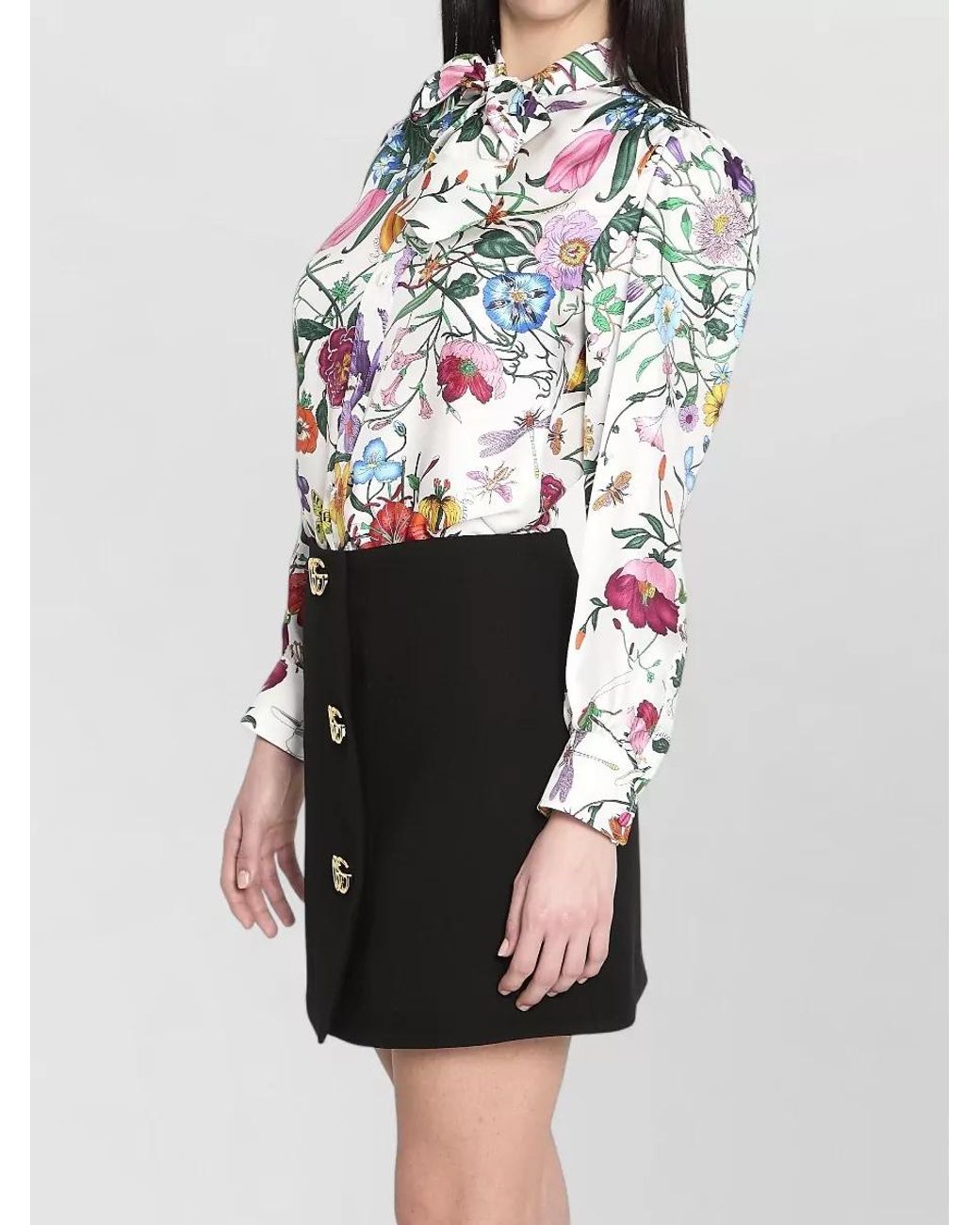Gucci White Silk Floral-Print Long-Sleeve Blouse