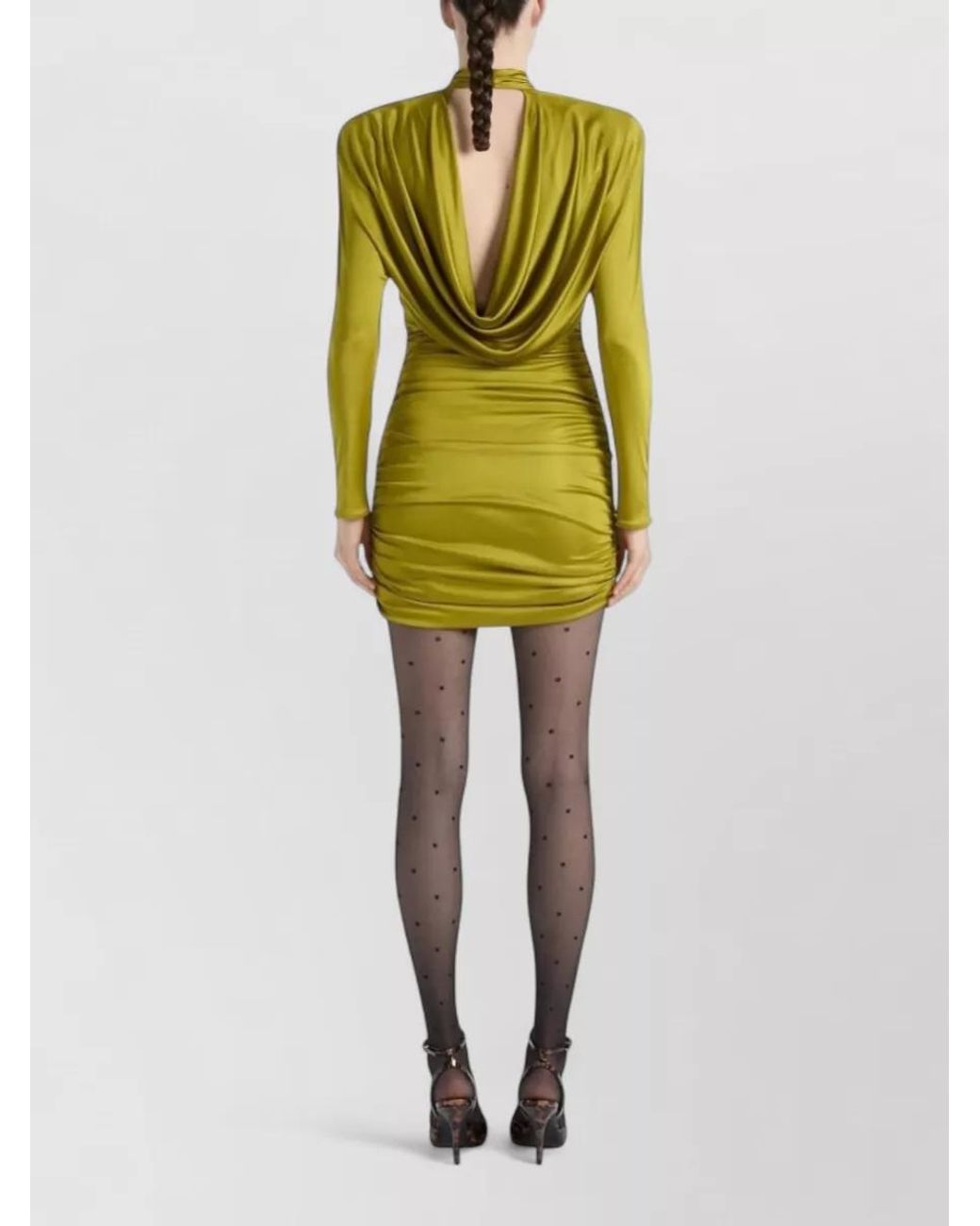 Balmain Green Draped High Neck Long Sleeve Mini Dress