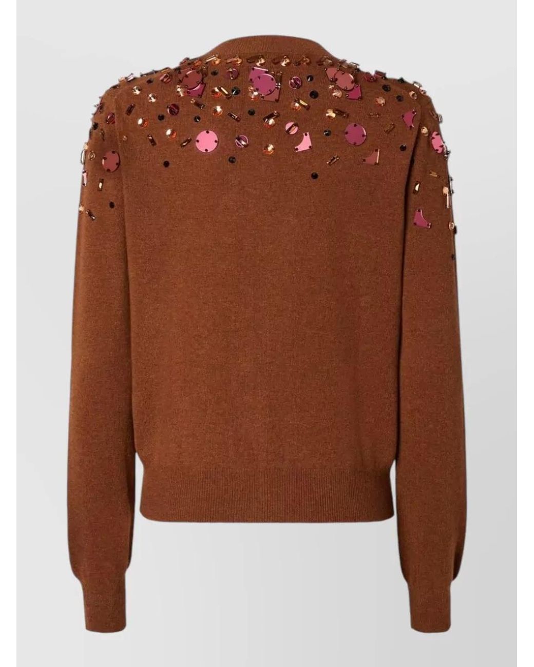 Fendi Brown Cashmere Wool Rhinestone-Embellished Ribbed Crewneck Cardigan