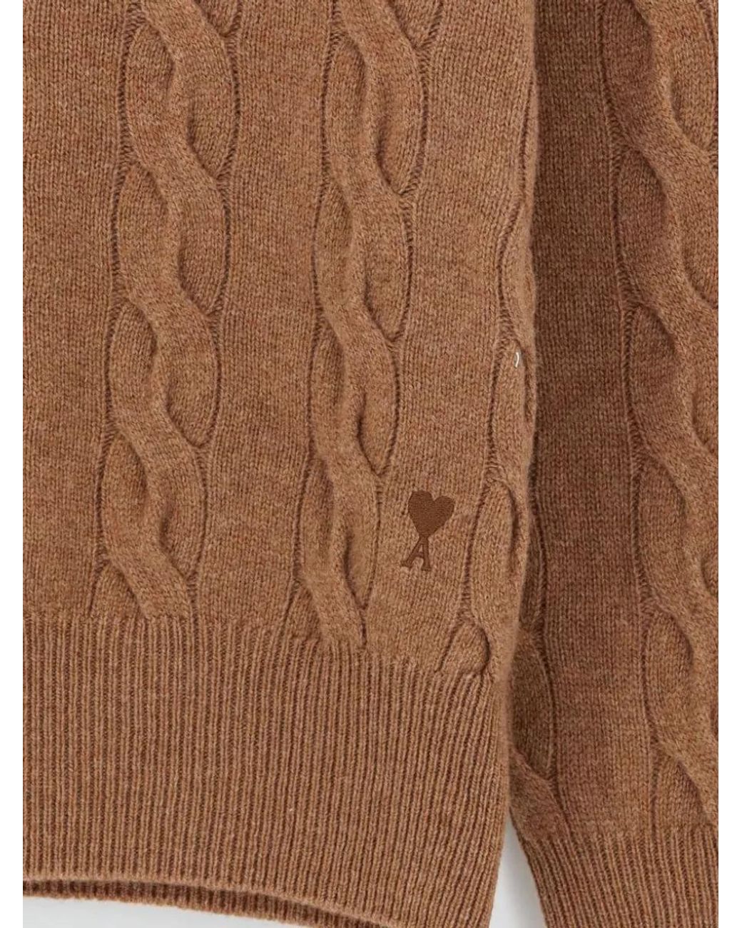 AMI Brown Braided-Knit Wool Crewneck Sweater for men