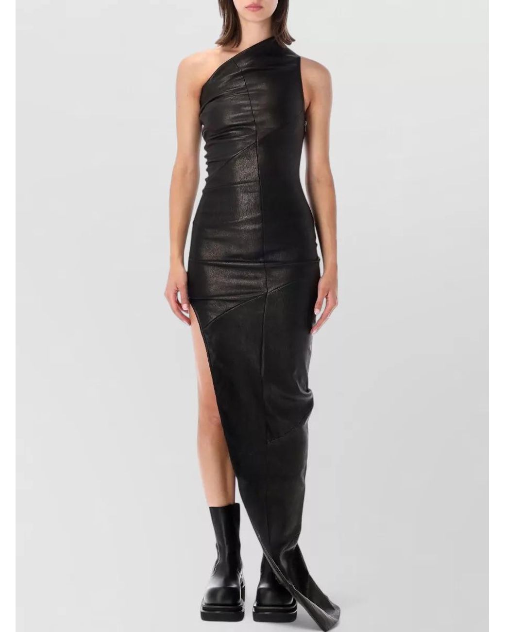 Rick Owens Black Leather Asymmetric Draped Maxi Dress