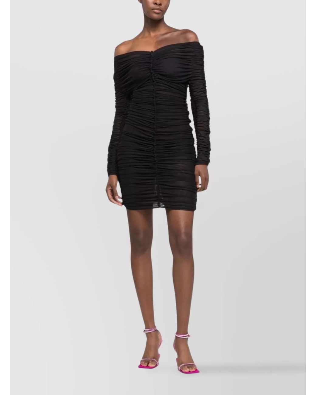 AZ FACTORY Black Ruched Off-Shoulder Long-Sleeve Mini Dress