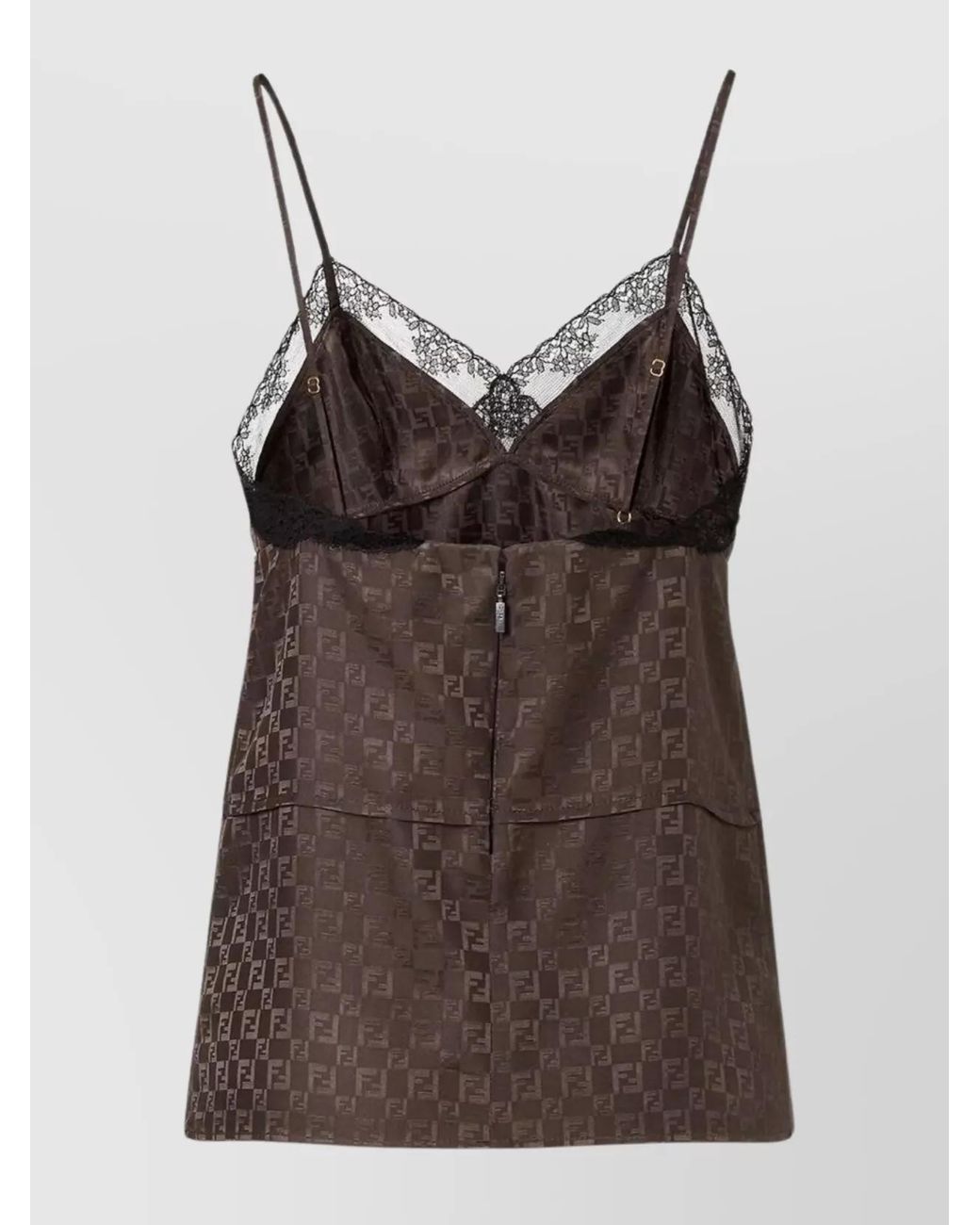 Fendi Brown Silk Jacquard Sleeveless Sweetheart-Neck Top
