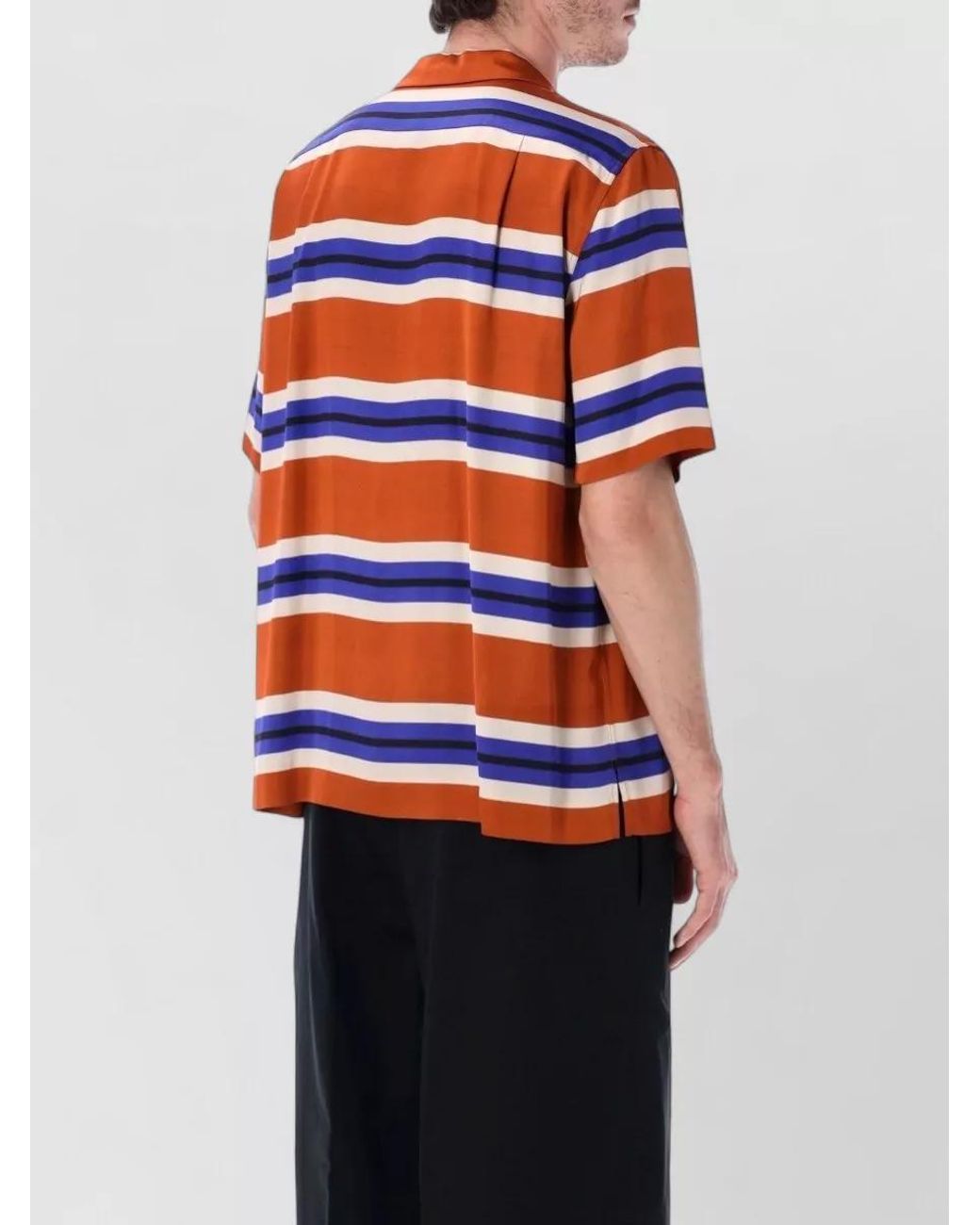 Dries Van Noten Blue Short Sleeve Striped Camp Shirt With Floral Appliqué for men