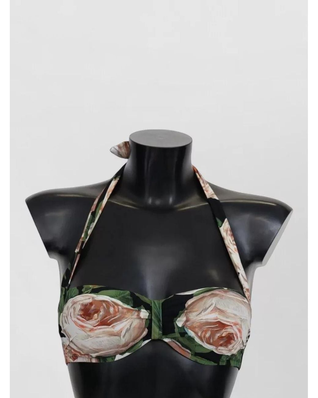 Dolce & Gabbana Black Silk Floral-Print Halterneck Bikini Top