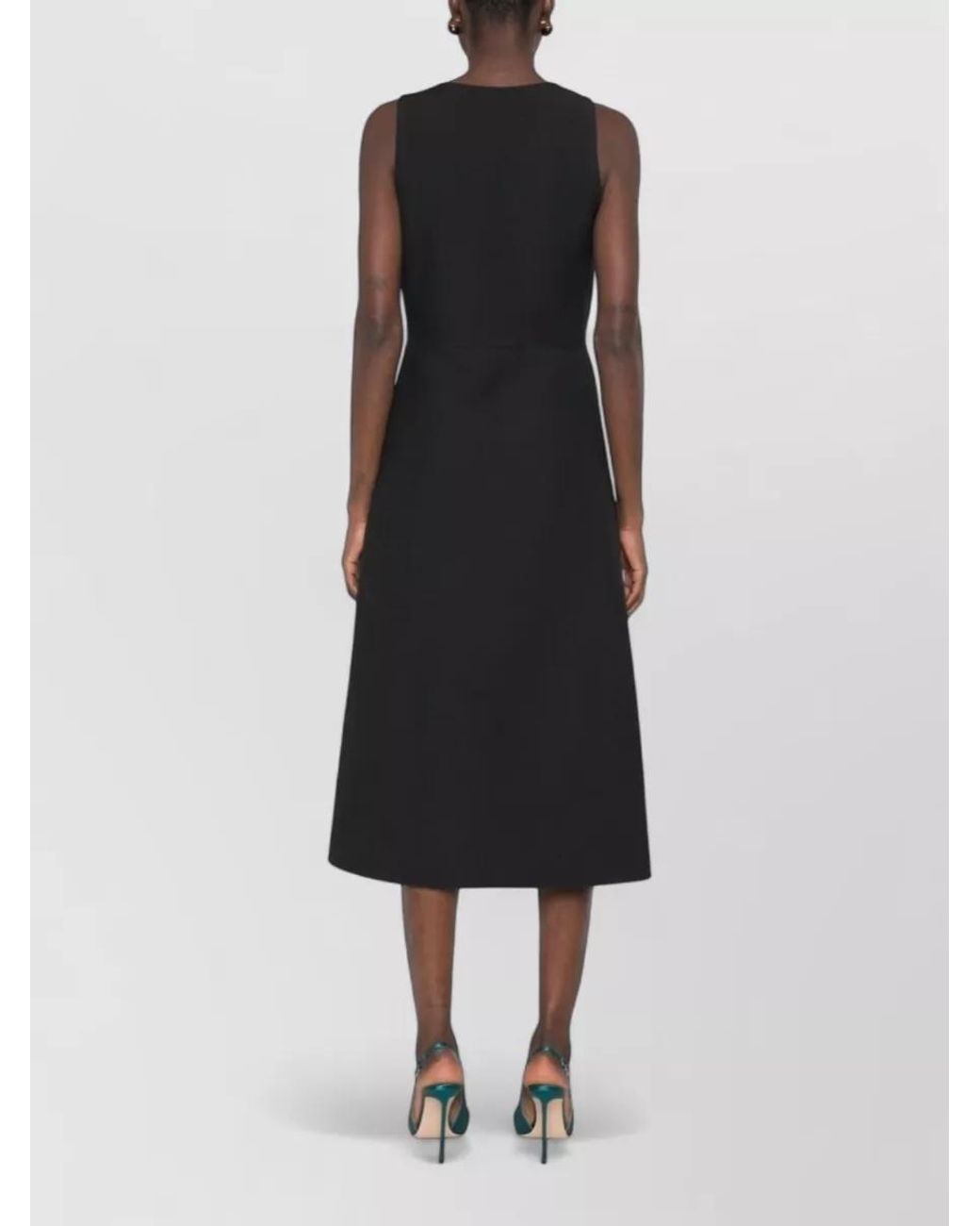 Fendi Black Wool Silk V-Neck Sleeveless A-Line Midi Dress