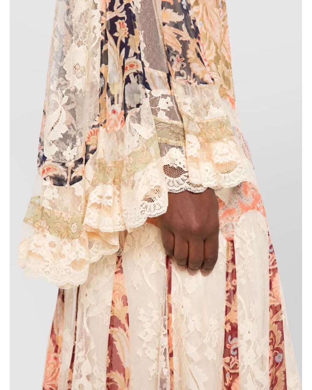 Zimmermann Pink Floral-Print Lace-Paneled High-Neck Long-Sleeve Flared-Hem Maxi Dress