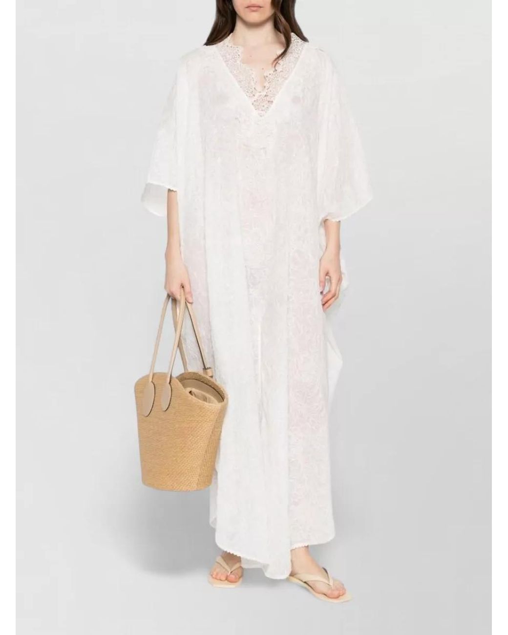 Ermanno Scervino White Ramie V-Neck Short-Sleeve Maxi Dress