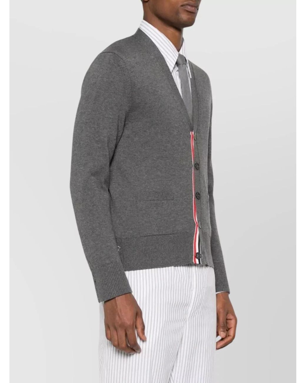 Thom Browne Gray Cotton Fine-Knit Relaxed-Fit V-Neck Cardigan for men
