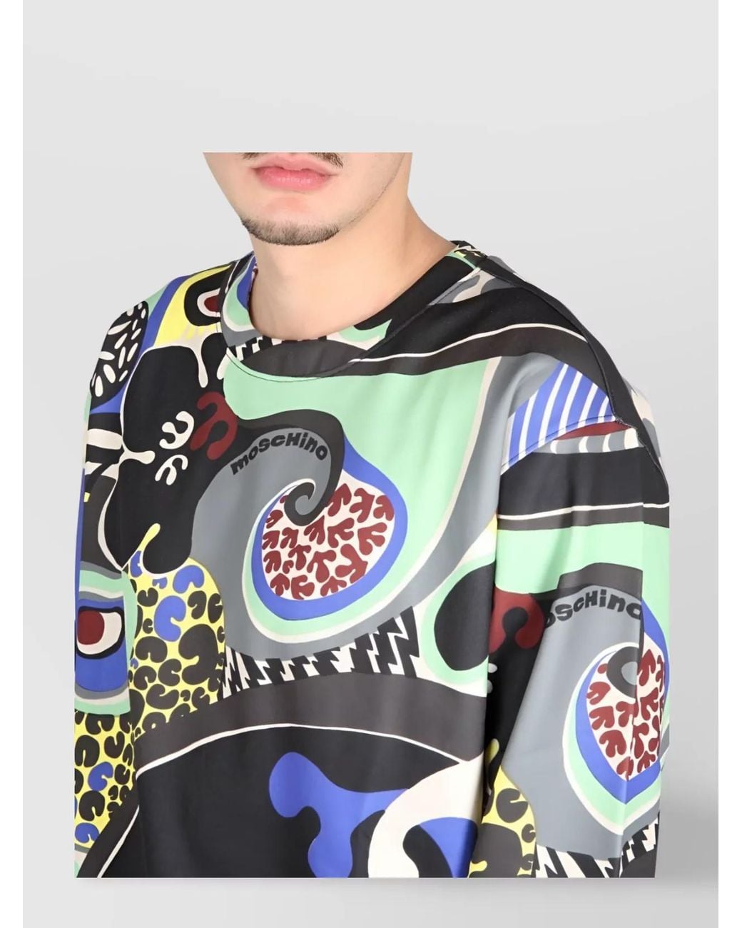 Moschino Gray Psychedelic Print Cross-Neck Sweatshirt for men