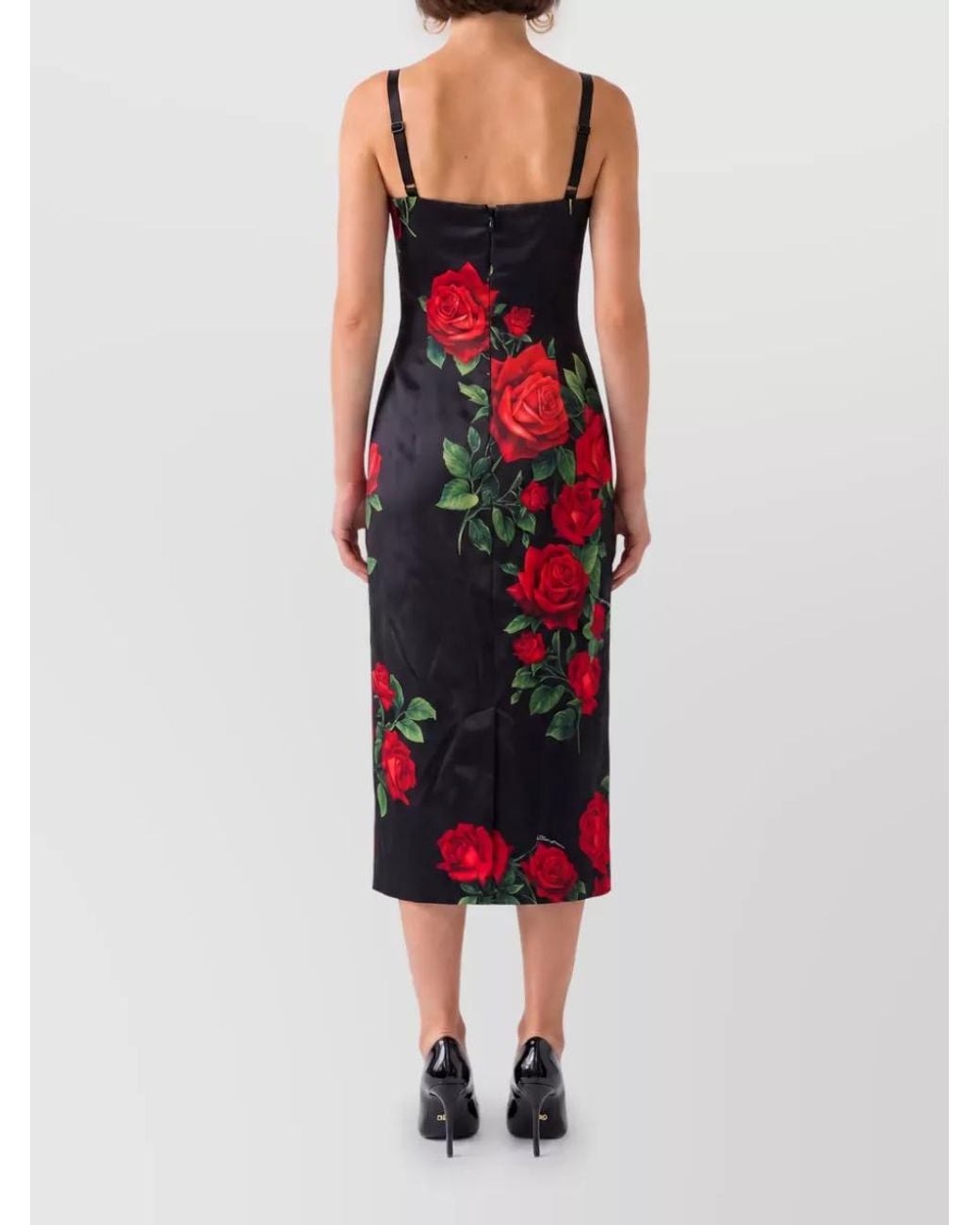 Dolce & Gabbana Red Silk Rose-Print Bustier Midi Dress