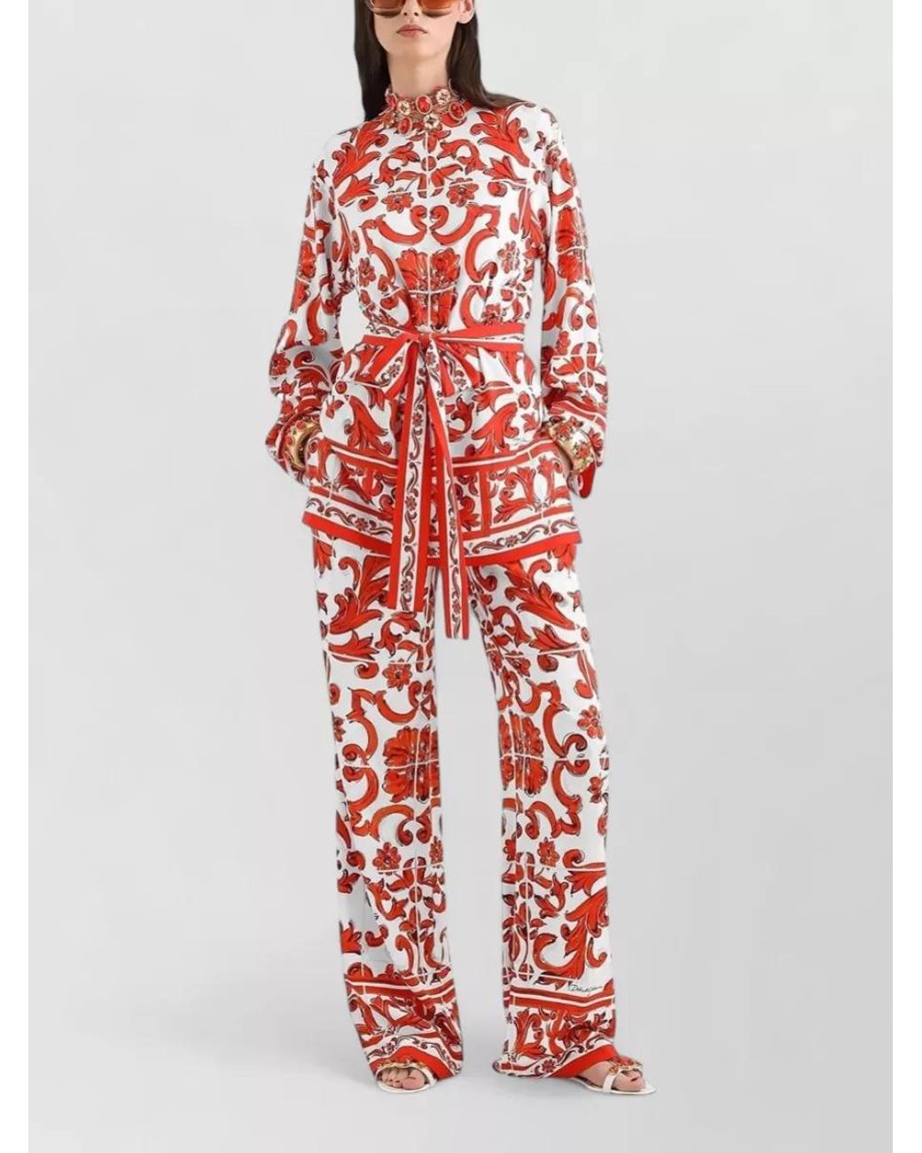 Dolce & Gabbana Red Silk Majolica-Print Short-Sleeve Shirt