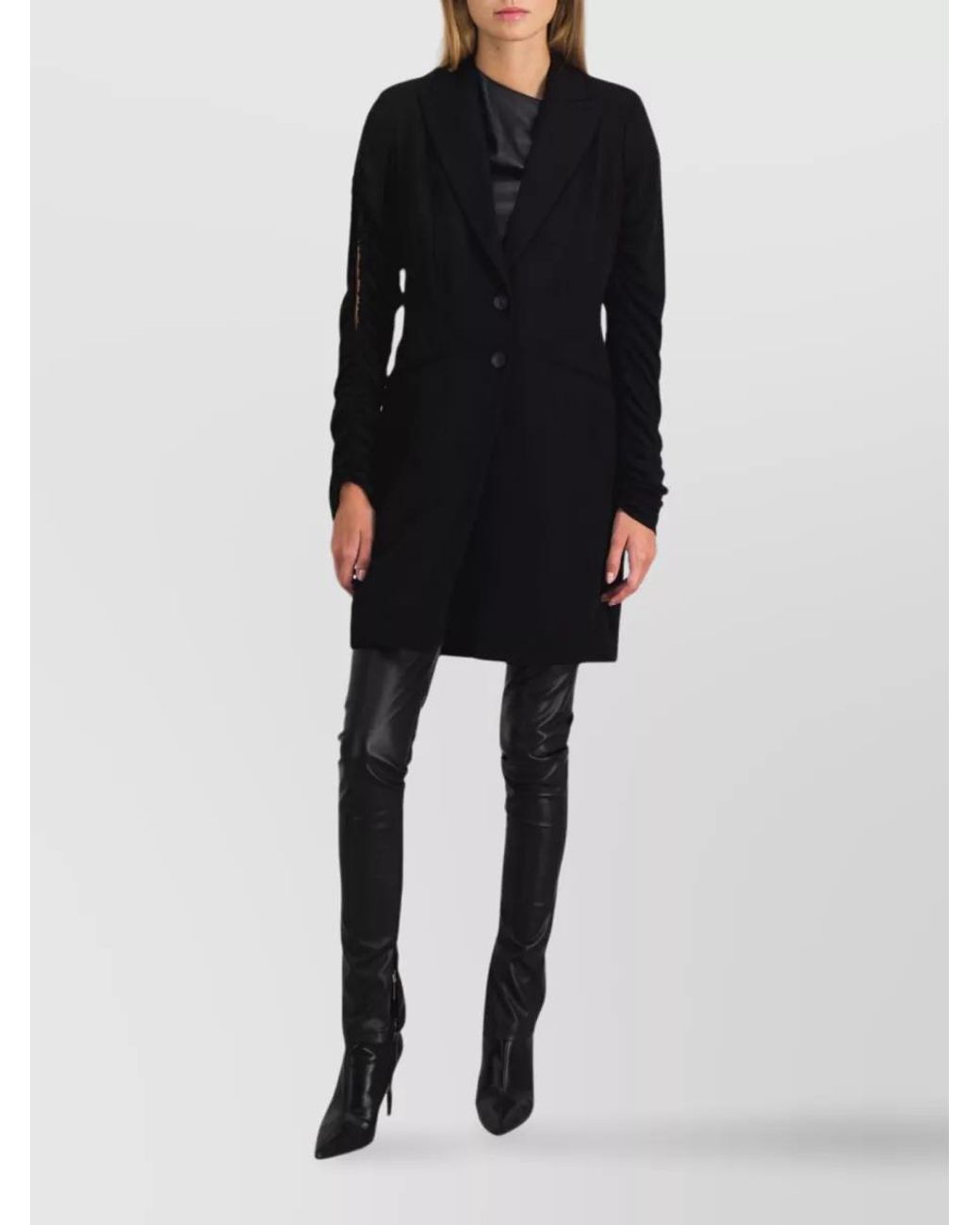 Atlein Black Wool Draped-Sleeve Long Coat