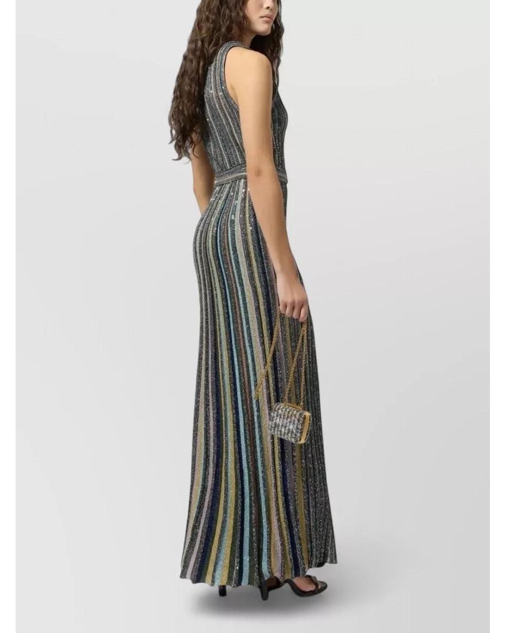 Missoni Multicolor Striped Sequin Sleeveless V-Neck Belted Maxi Dress