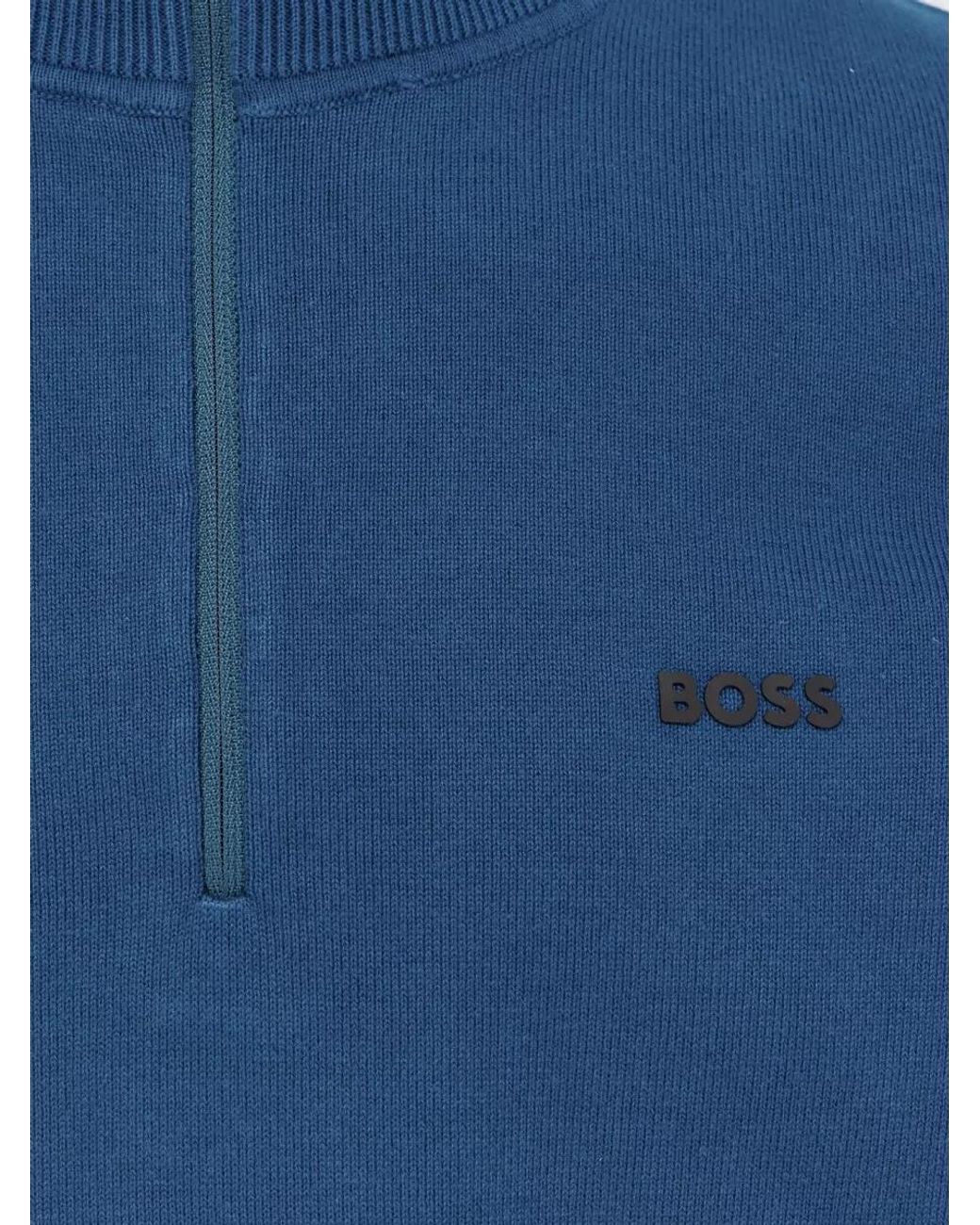 Boss Blue Ribbed Half Zip Sweater for men