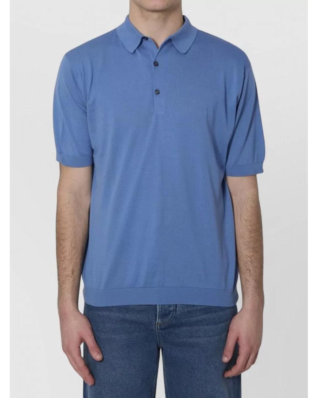 John Smedley Blue Ribbed Trim Short-Sleeve Polo Shirt for men