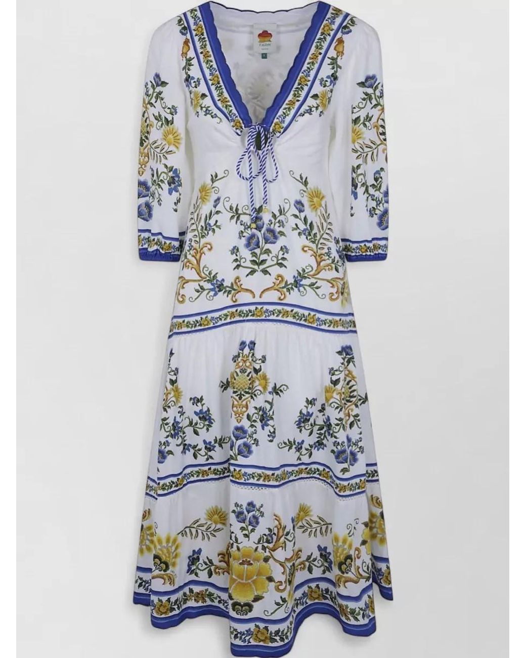 Farm Rio Blue Floral Print V-Neck Drawstring Tiered Midi Dress