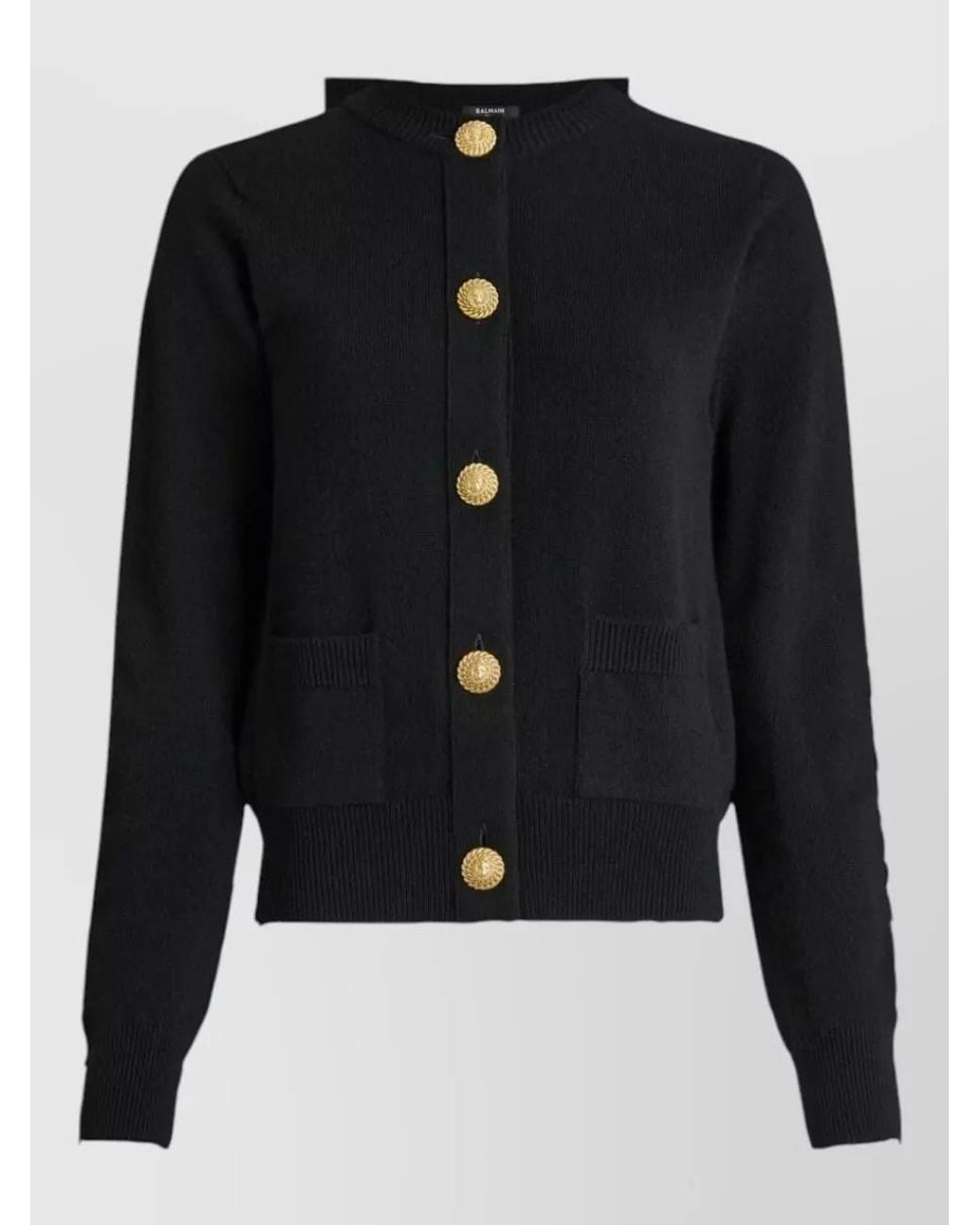 Balmain Black Cashmere Wool Ribbed-Knit Round-Neck Cardigan