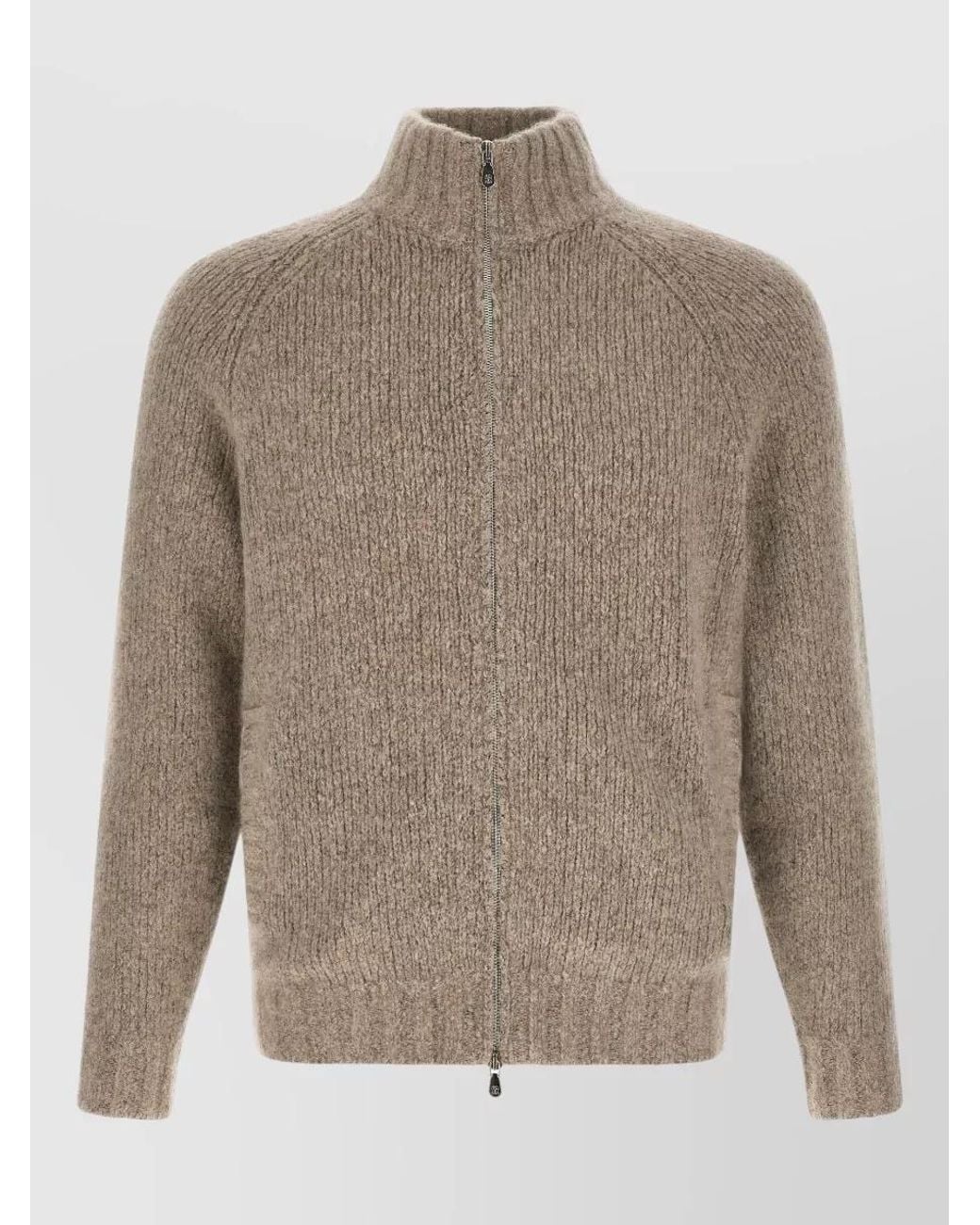 Brunello Cucinelli Gray Cashmere Silk High-Neck Zip Cardigan for men