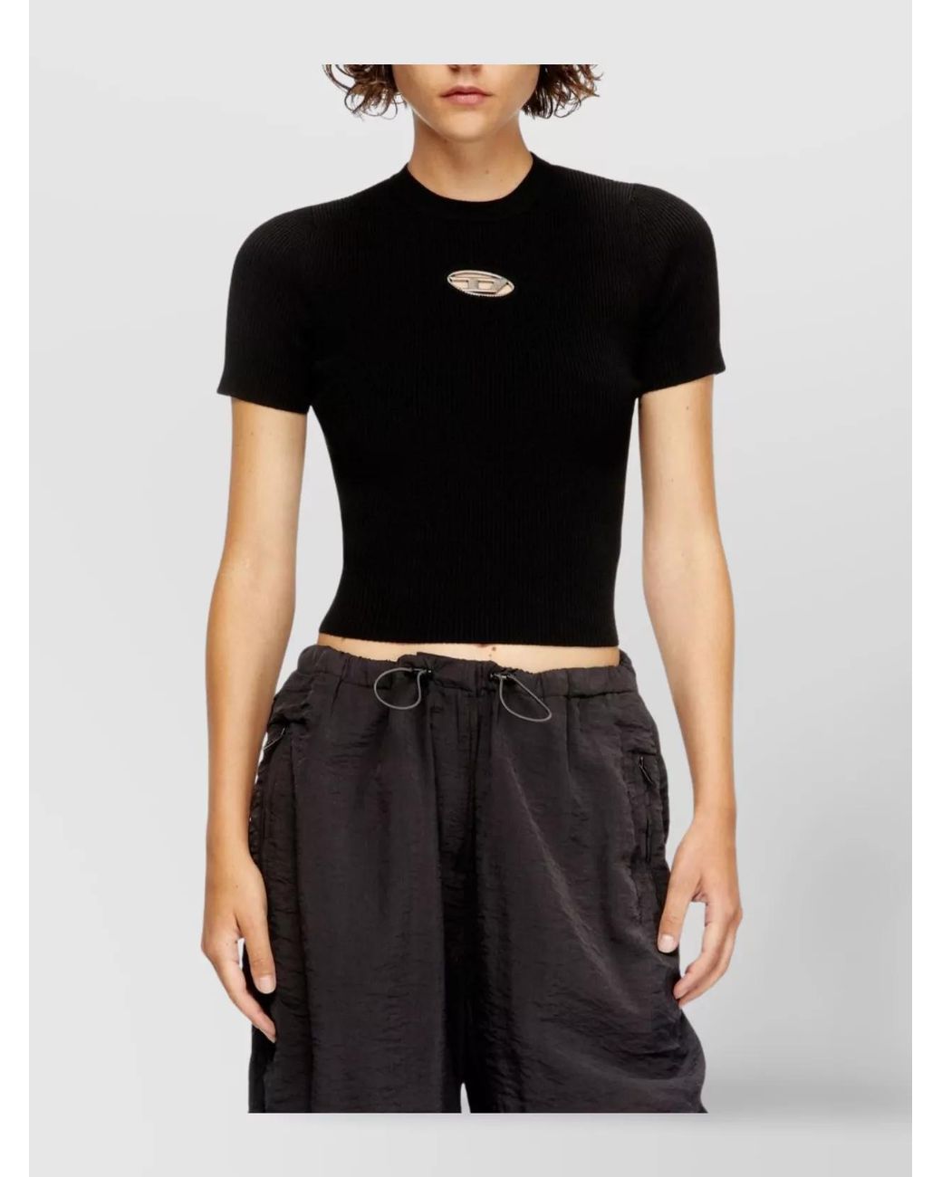 DIESEL Black Ribbed Cutout Slim-Fit Short-Sleeve Knitted Top