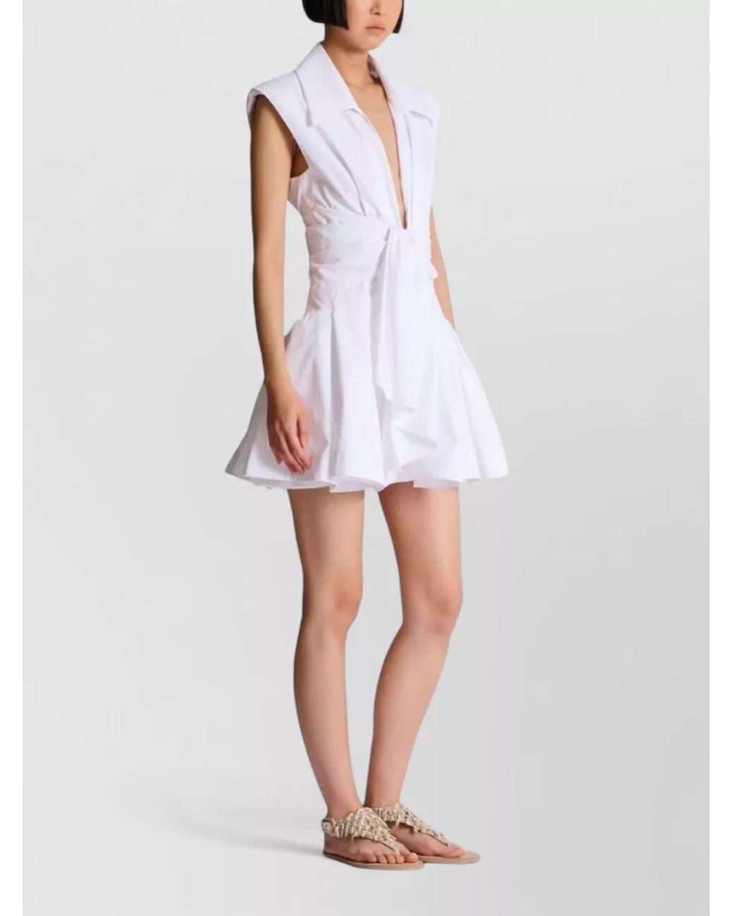 Balmain White Sleeveless Tie-Front A-Line Mini Dress