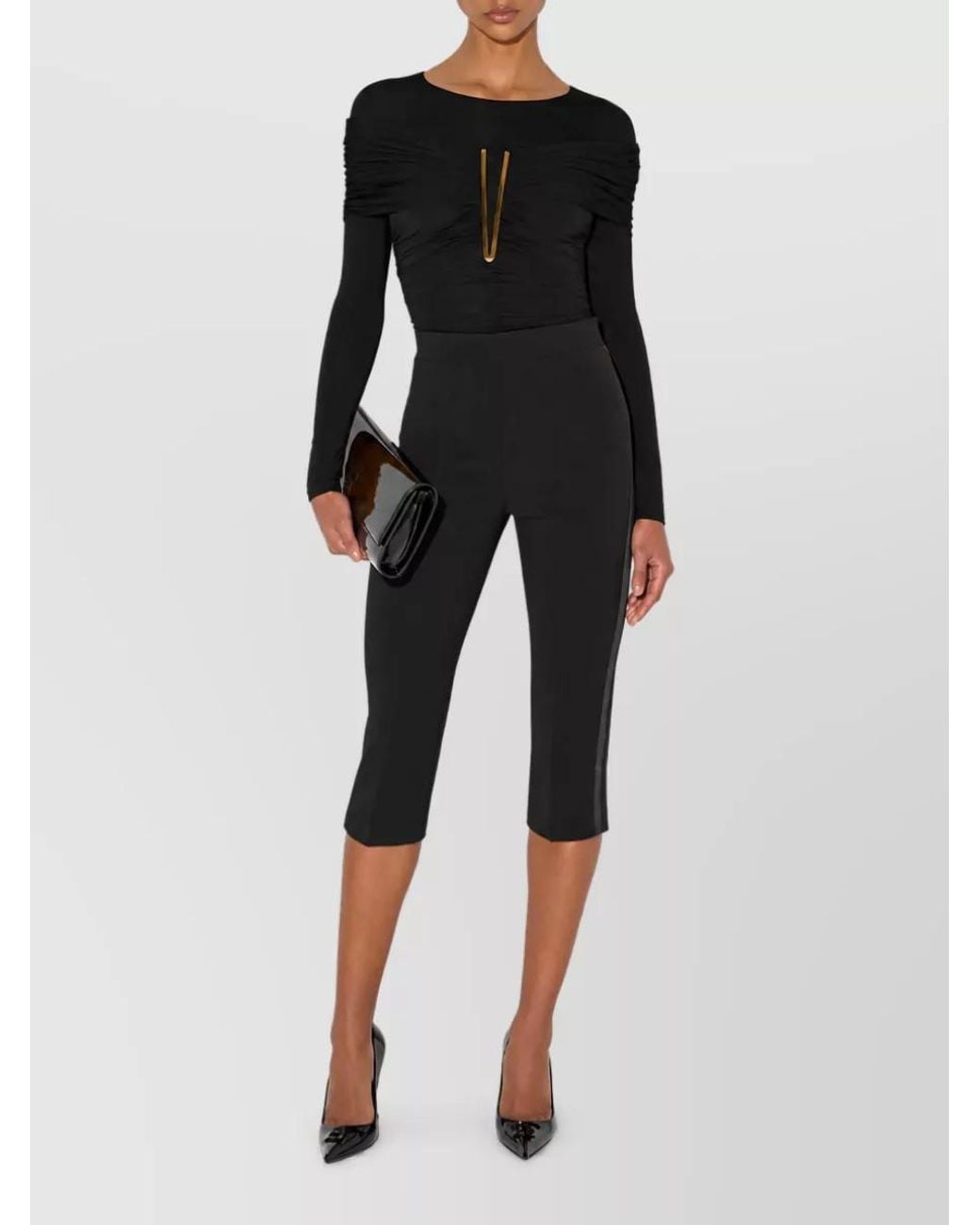 Elisabetta Franchi Black Draped Long-Sleeve Bodysuit