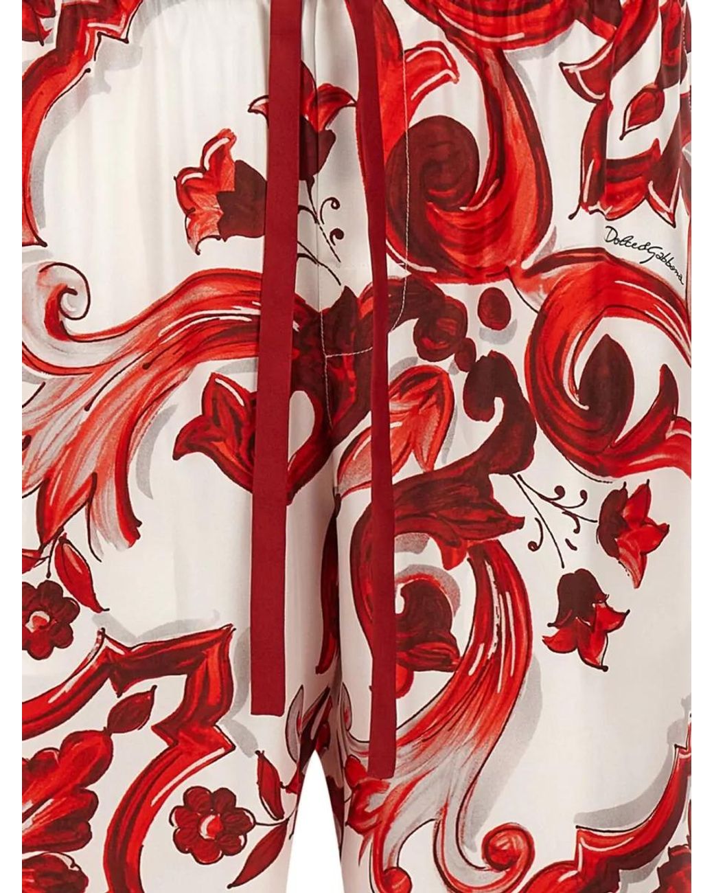 Dolce & Gabbana Red Silk Printed Wide-Leg Trousers for men