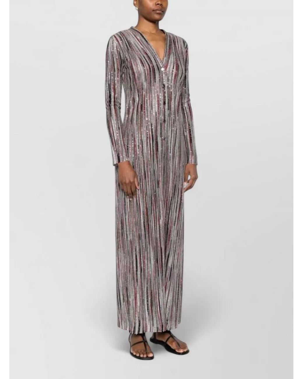 Missoni Gray Striped V-Neck Long-Sleeve Maxi Dress
